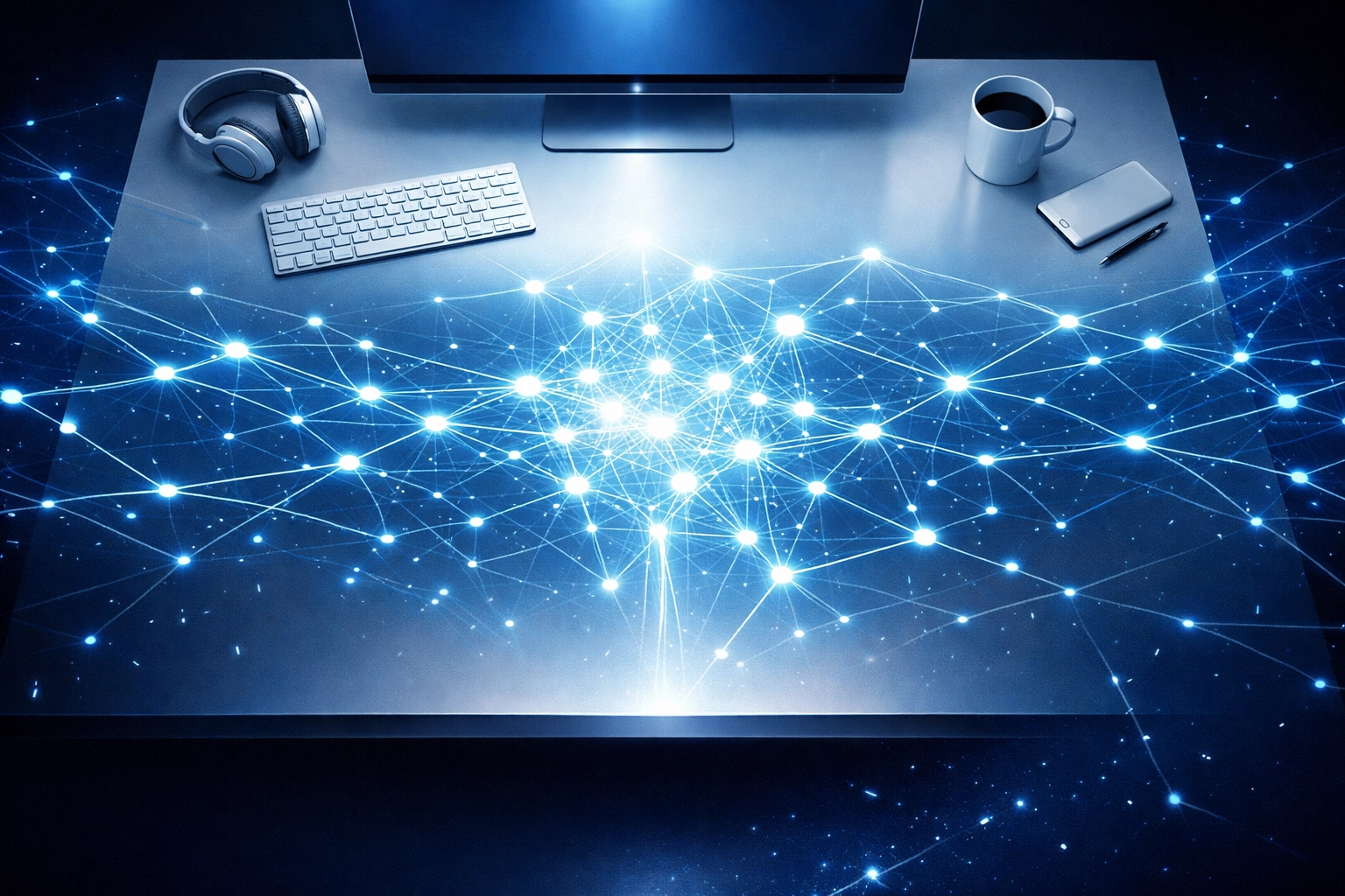 A digital network map on a professional desk symbolizing a high-capability visionary operating model.