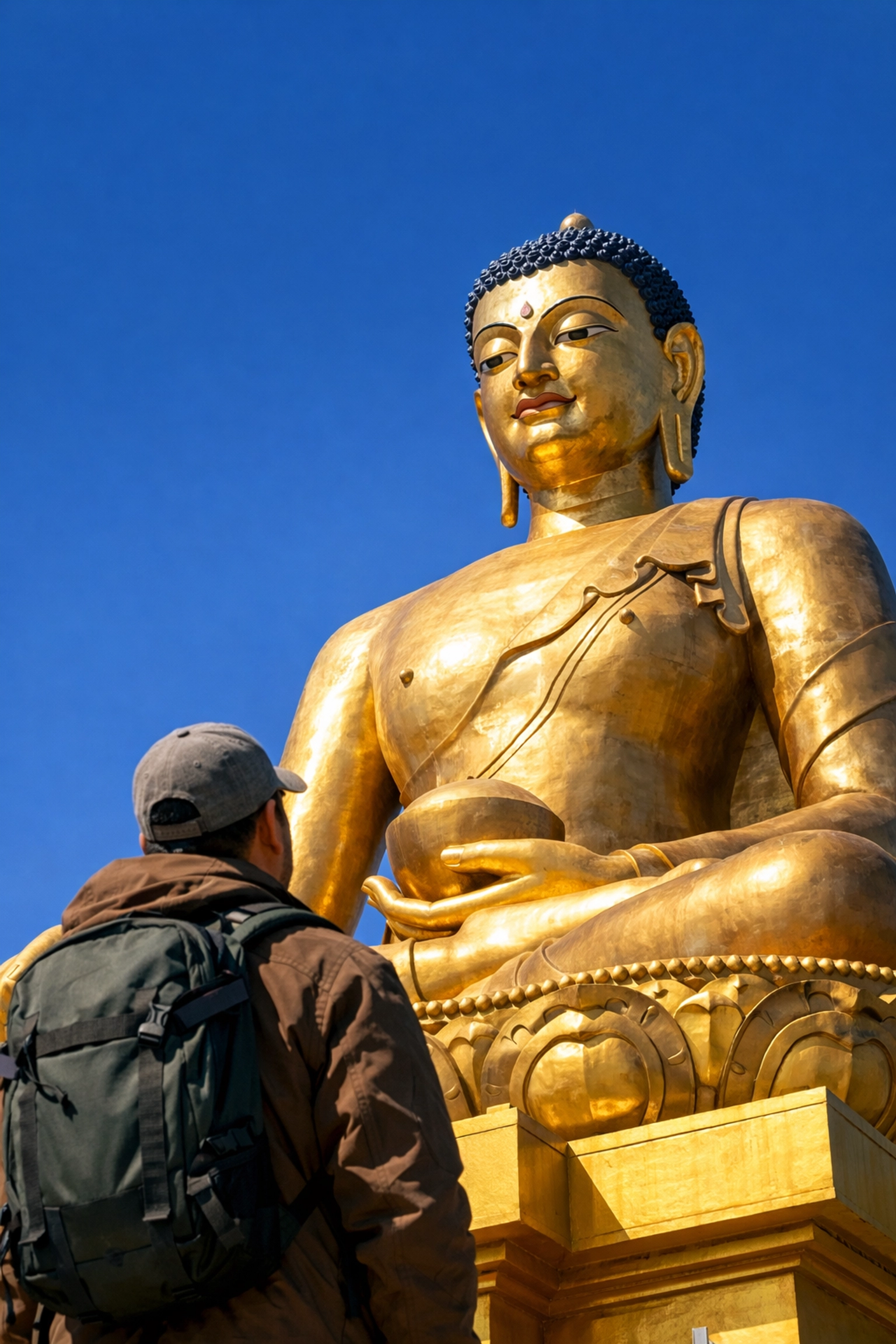 Large golden Buddha Dordenma statue in Thimphu against a bright blue sky with a traveler looking on.