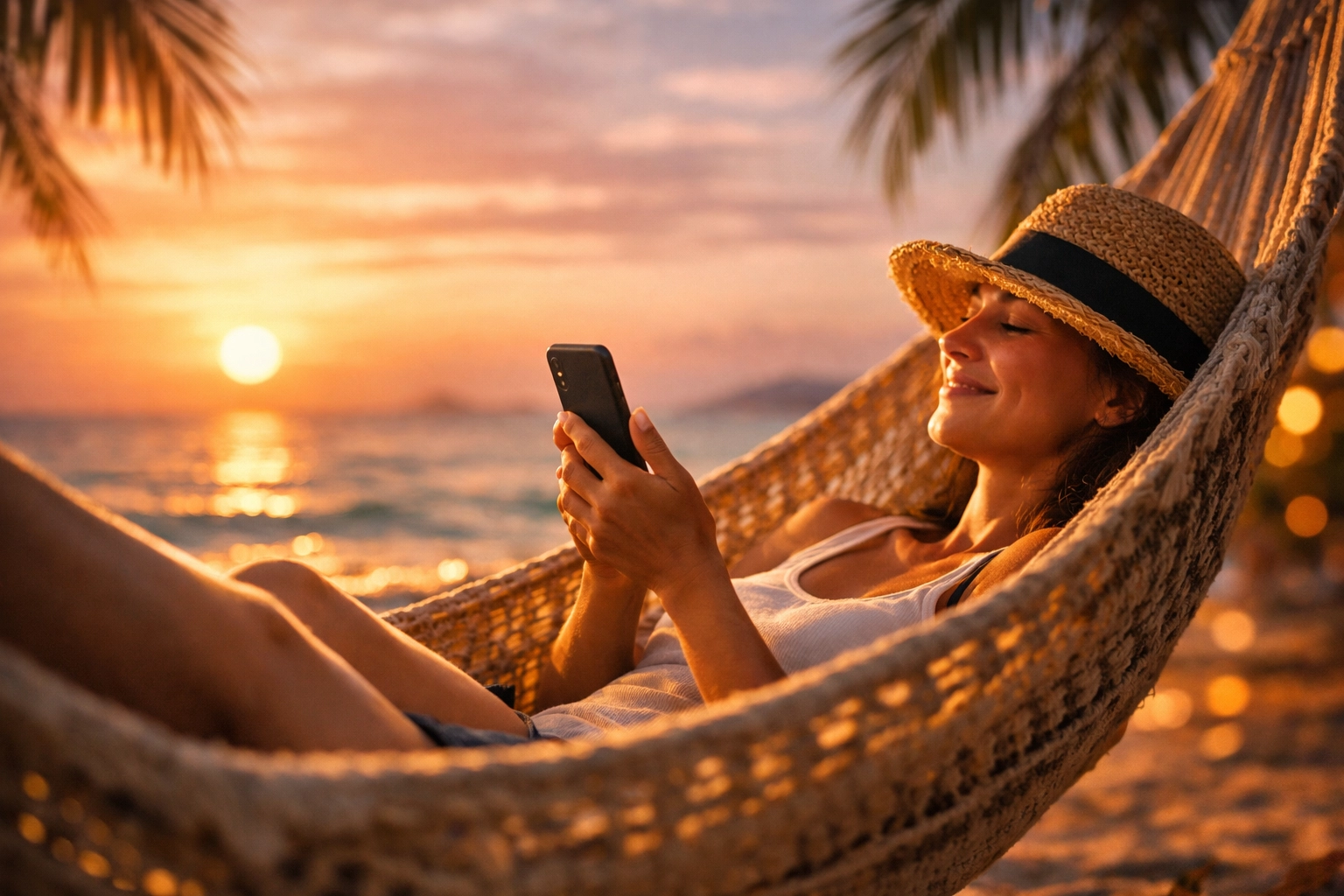 Person relaxing on a beach using a smartphone to manage a passive income digital product business.