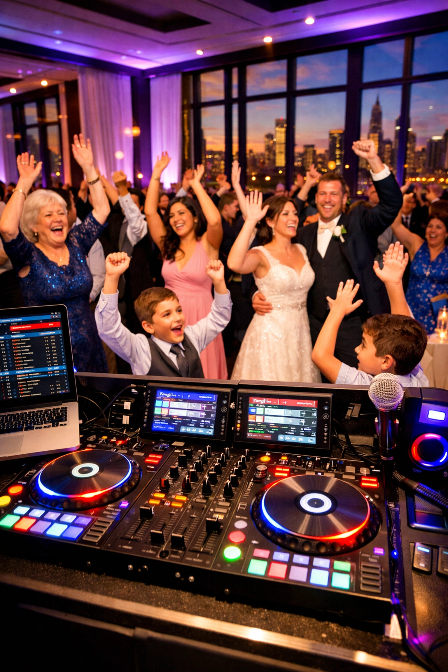 Bilingual wedding DJ entertaining diverse guests at modern Indianapolis wedding venue