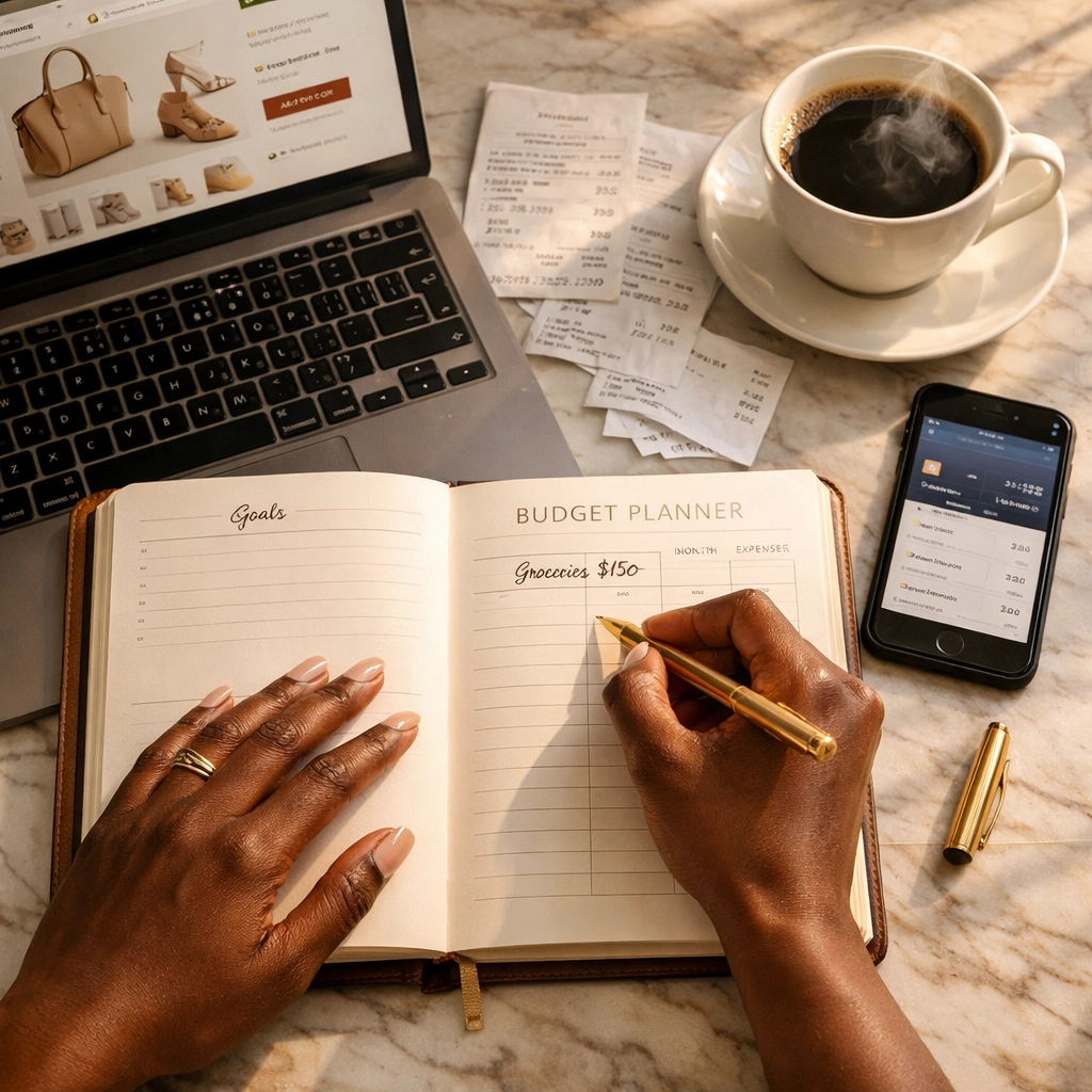 Woman planning monthly budget to support Black-owned businesses with planner and laptop