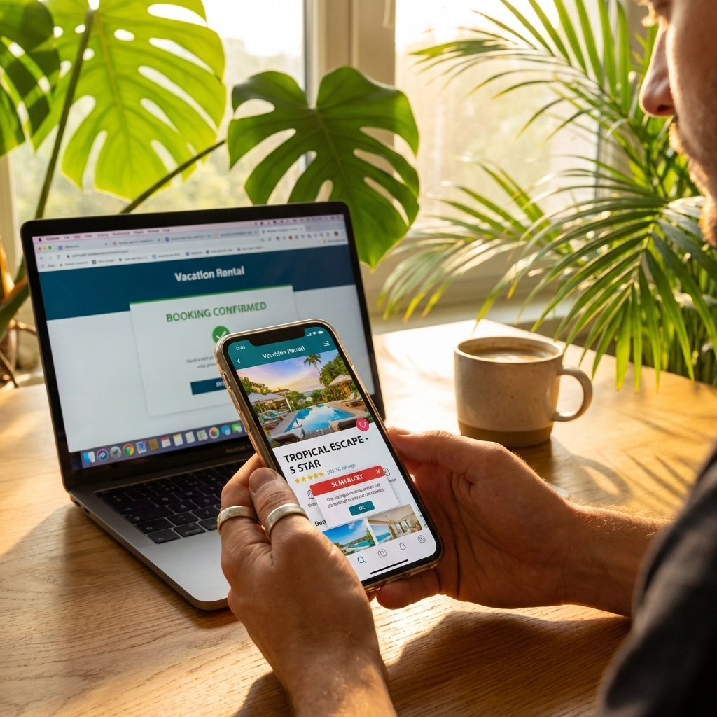 Hands browsing Puerto Vallarta condo rentals online, highlighting risks of scams in vacation rental listings