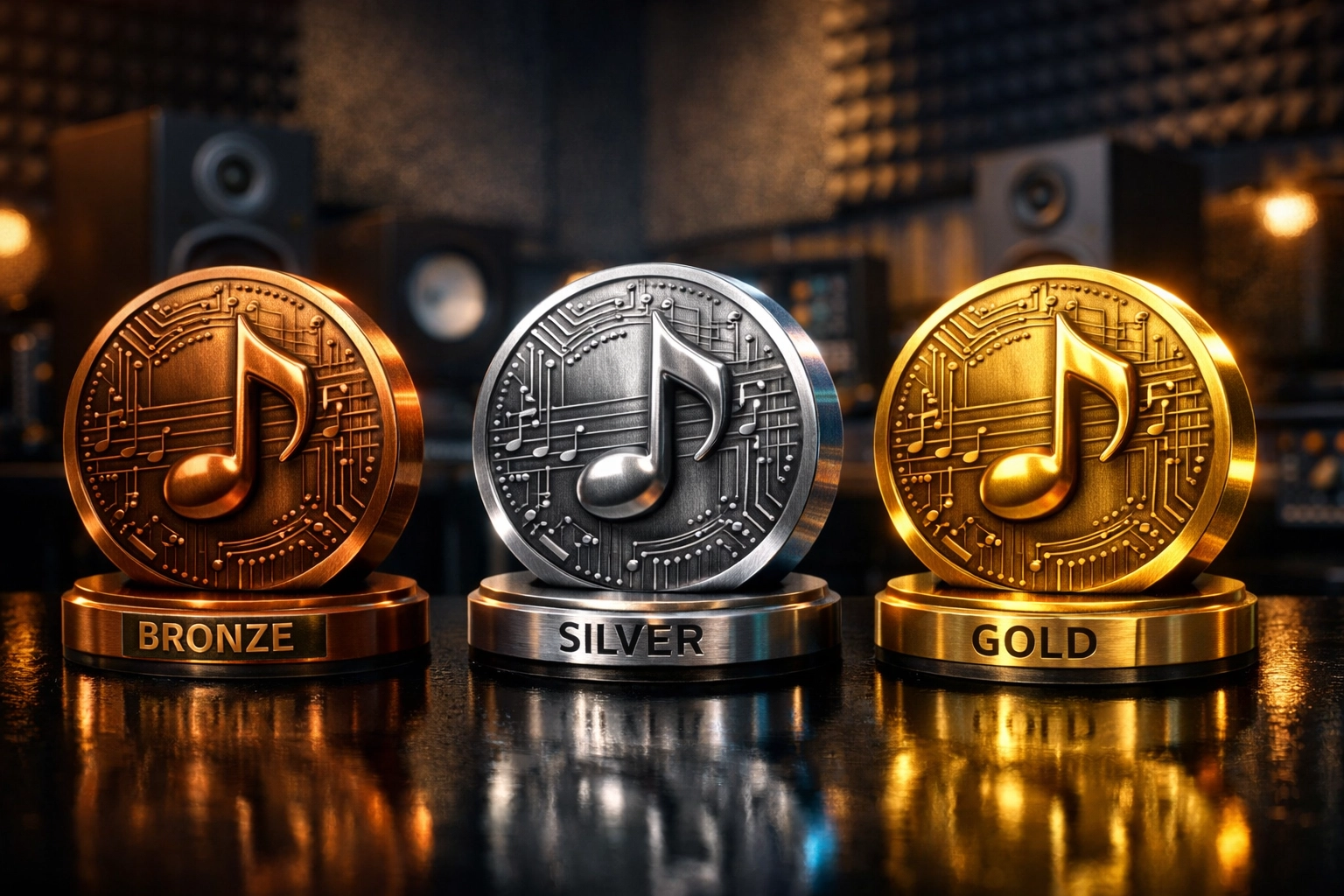 Metallic icons representing Bronze Silver and Gold music promotion packages for independent artists.