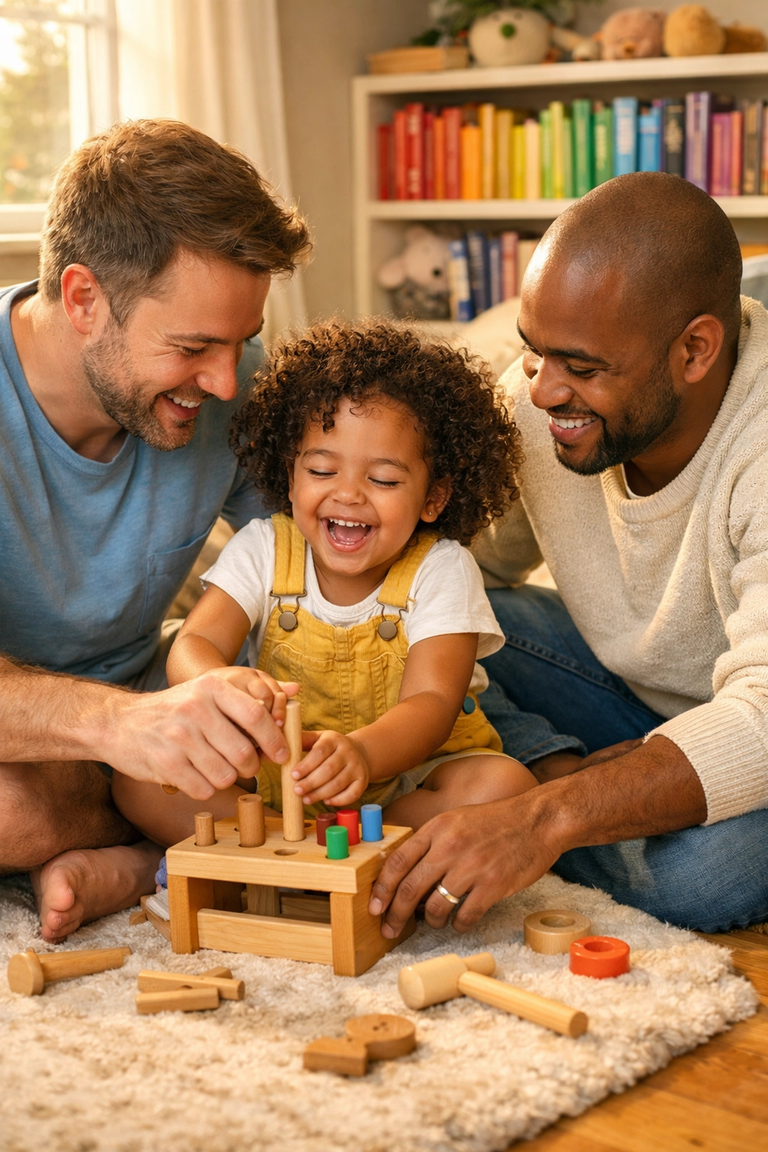 Two gay fathers playing with their adopted daughter at home celebrating same-sex adoption rights