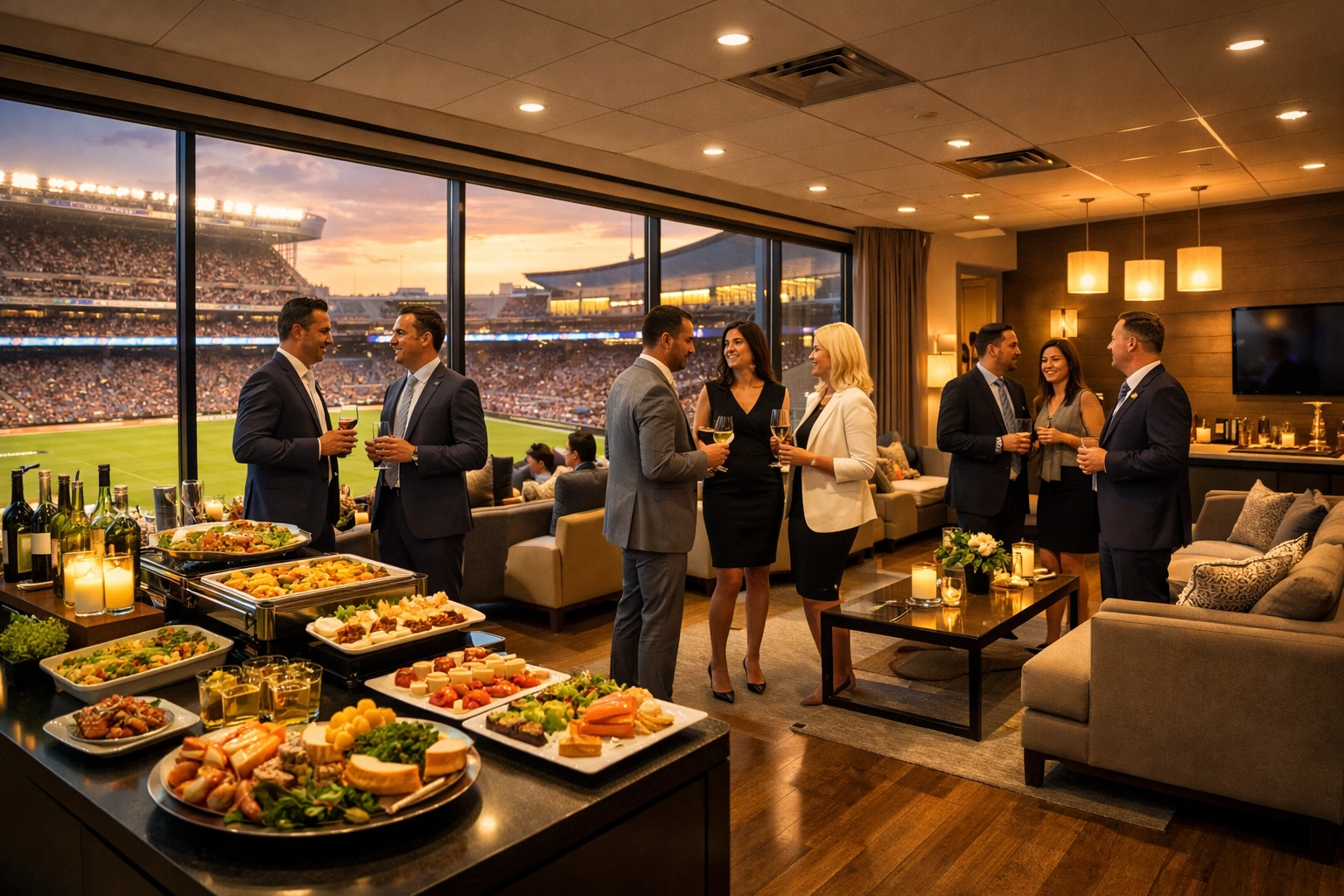 NEWSLETTER Private hospitality suite with executives networking at Super Bowl corporate event