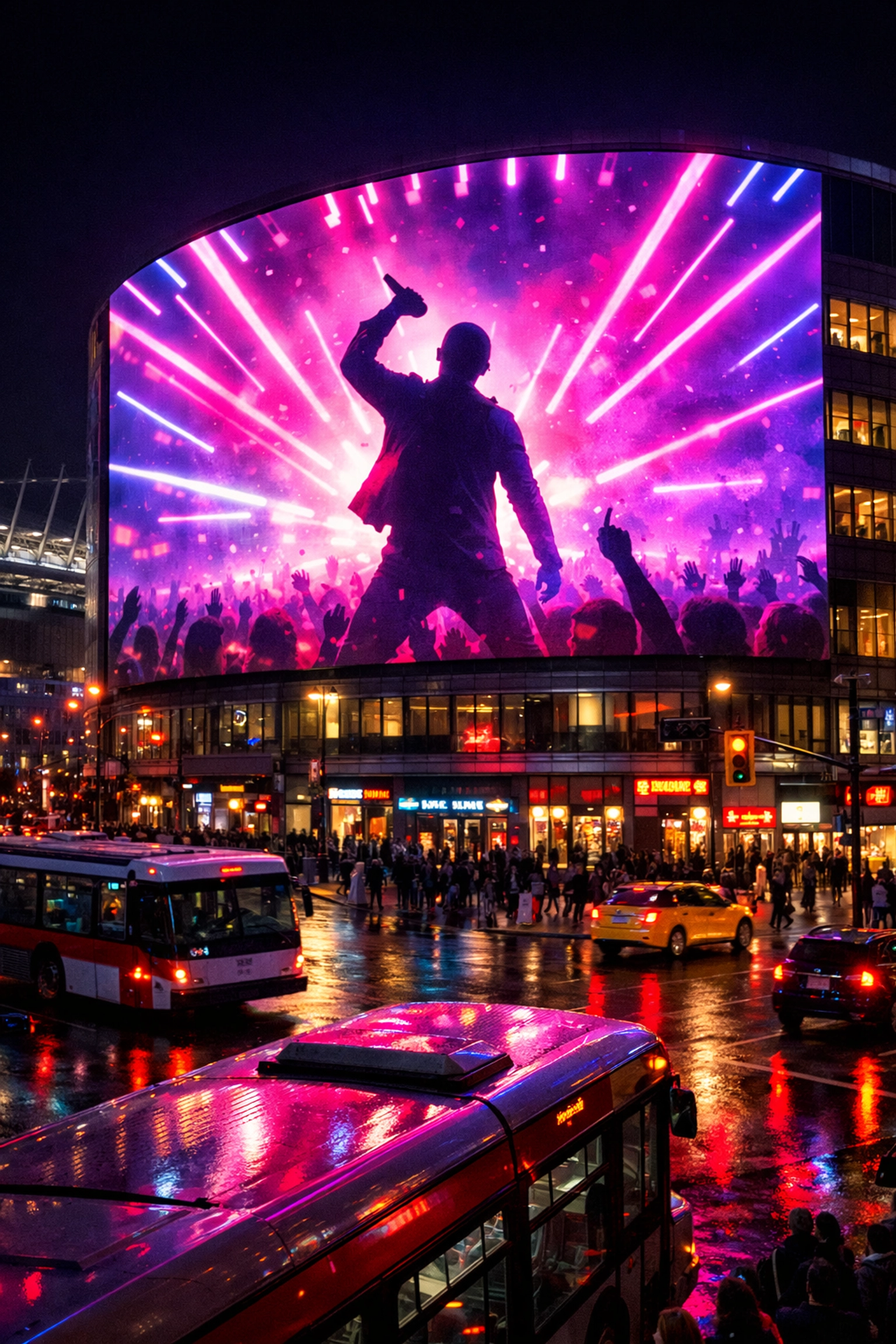 Large curved digital billboard showing halftime show ads in an urban city center.