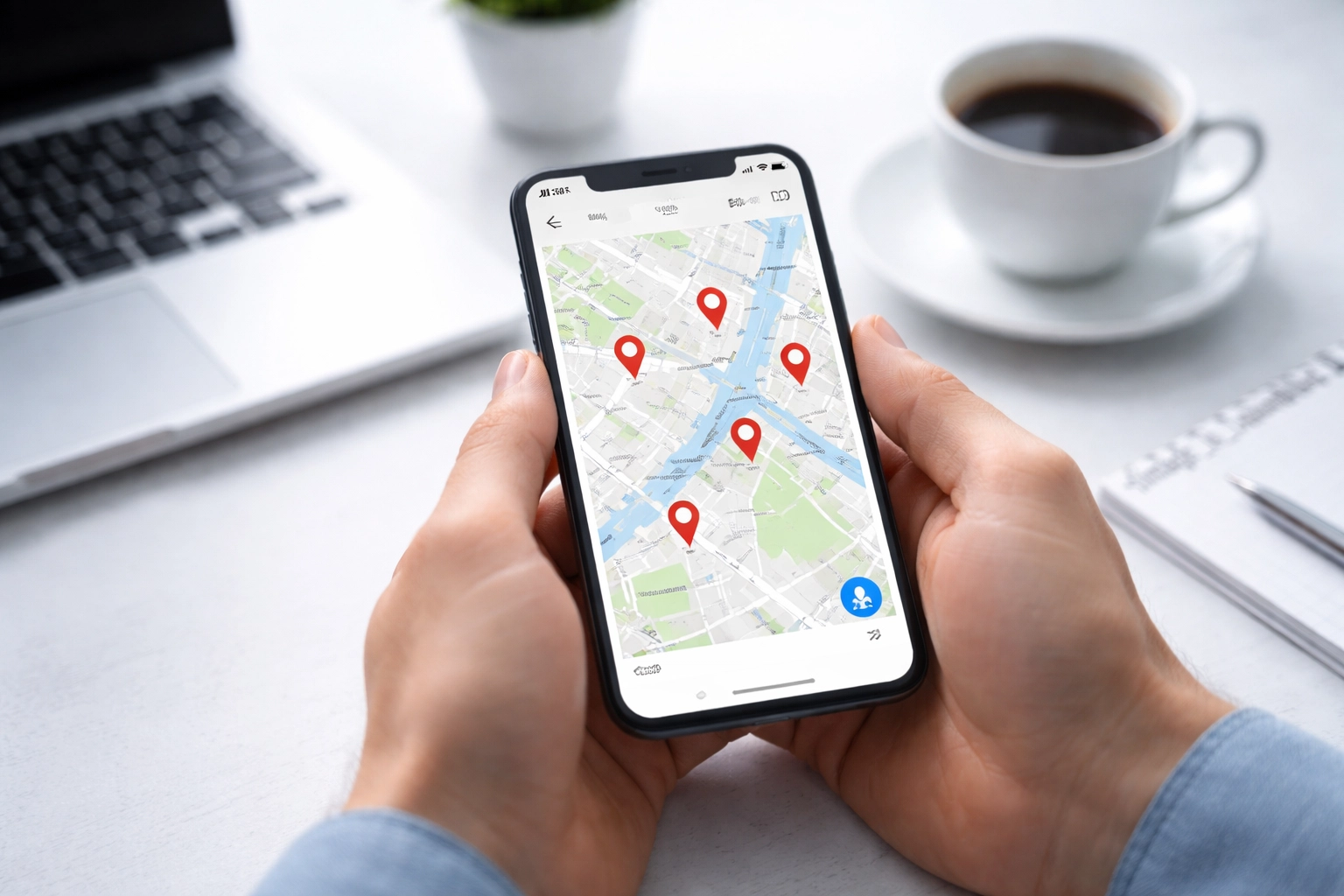 Person using a smartphone map app to find local businesses, illustrating mobile-driven local SEO discovery in 2026.