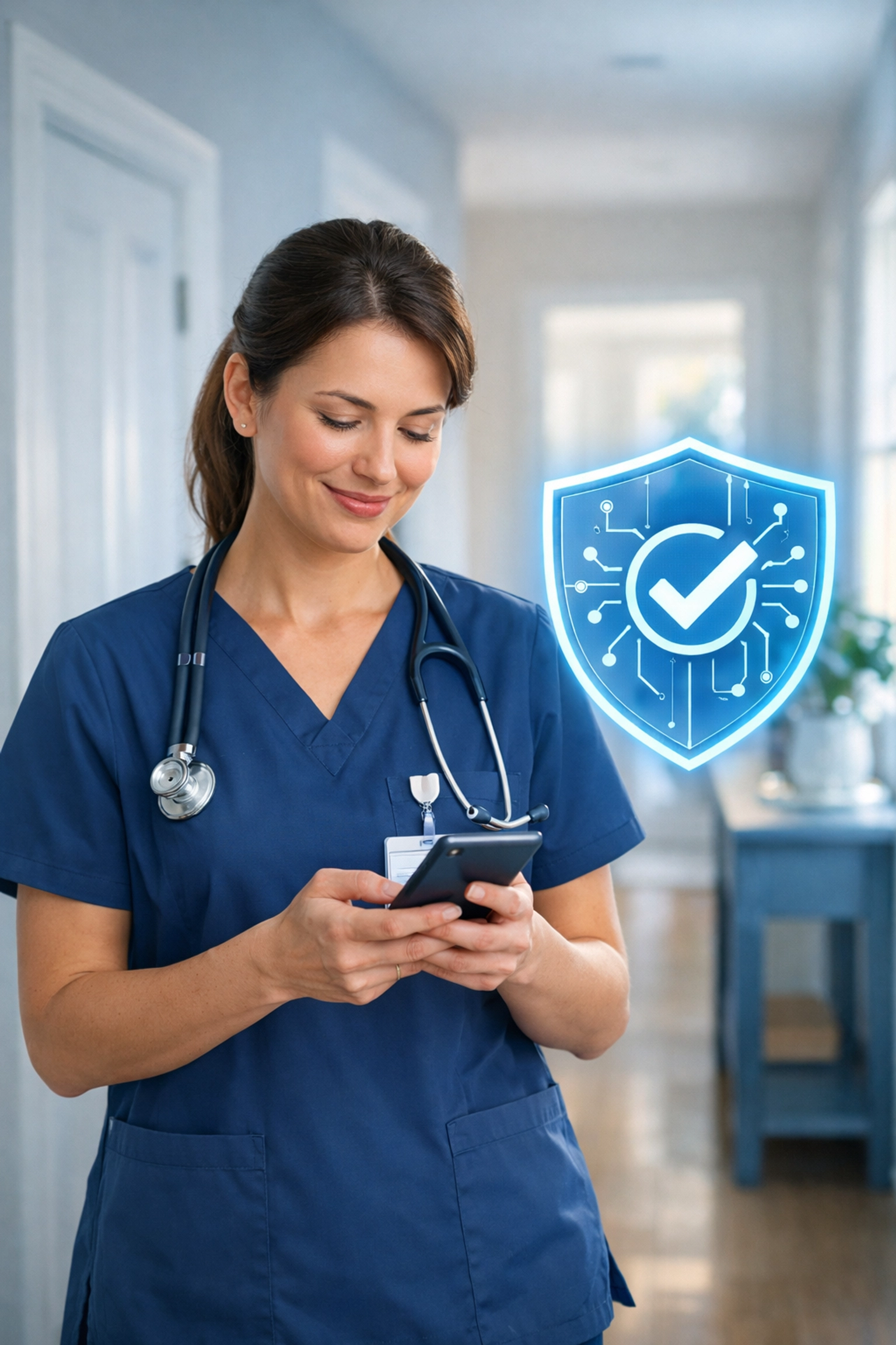 Home health nurse completing documentation on a mobile device using an AI SOAP note generator.