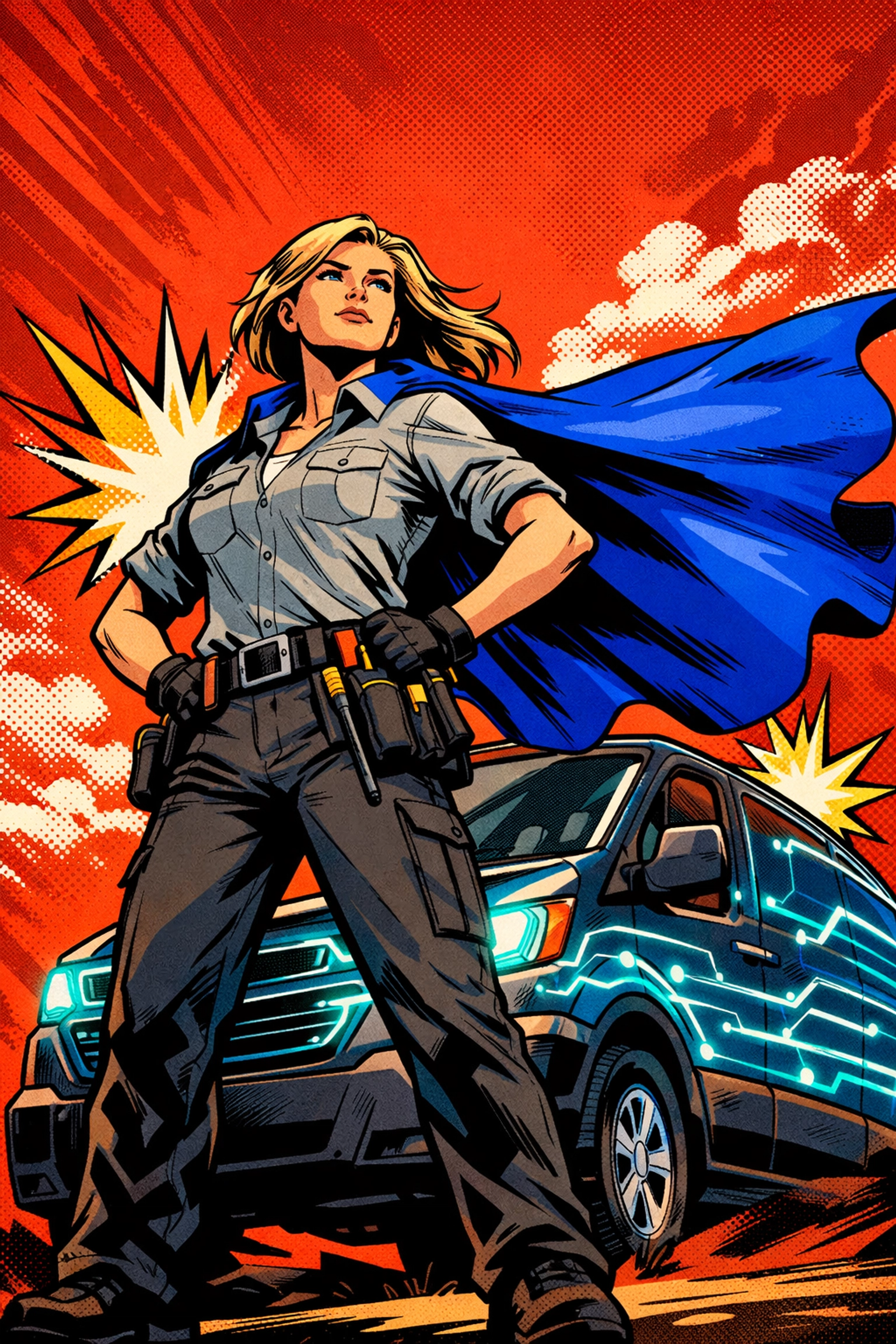 Heroic service technician standing by a tech-enabled van representing automated field service business growth.