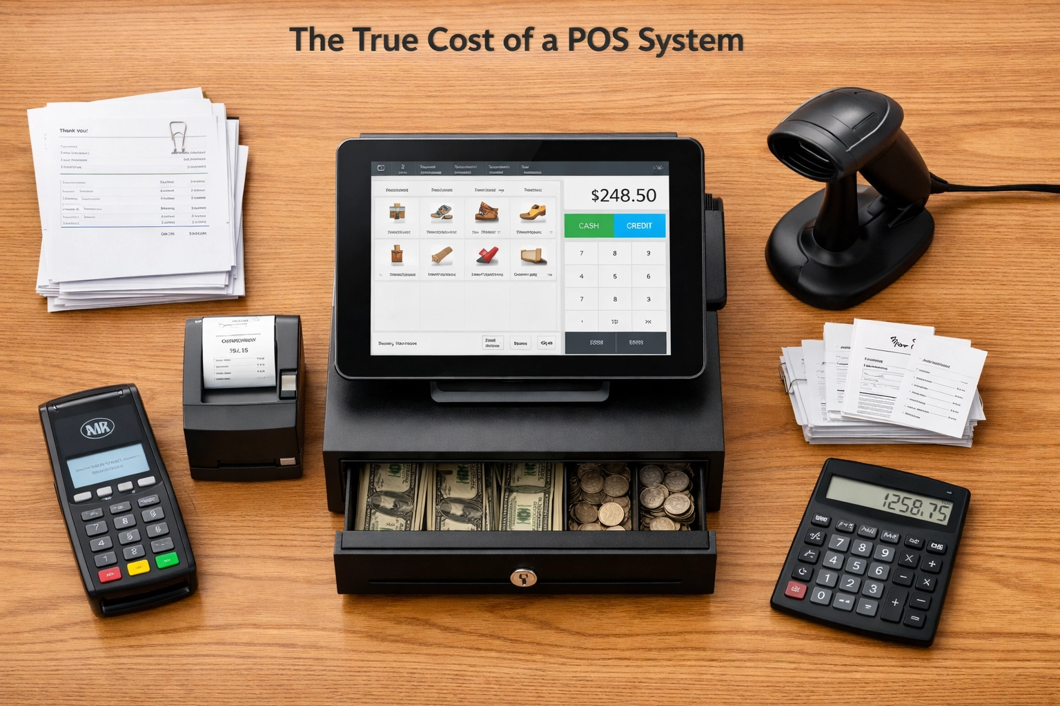 Complete EPOS system hardware costs including tablet till, card reader, receipt printer, and scanner