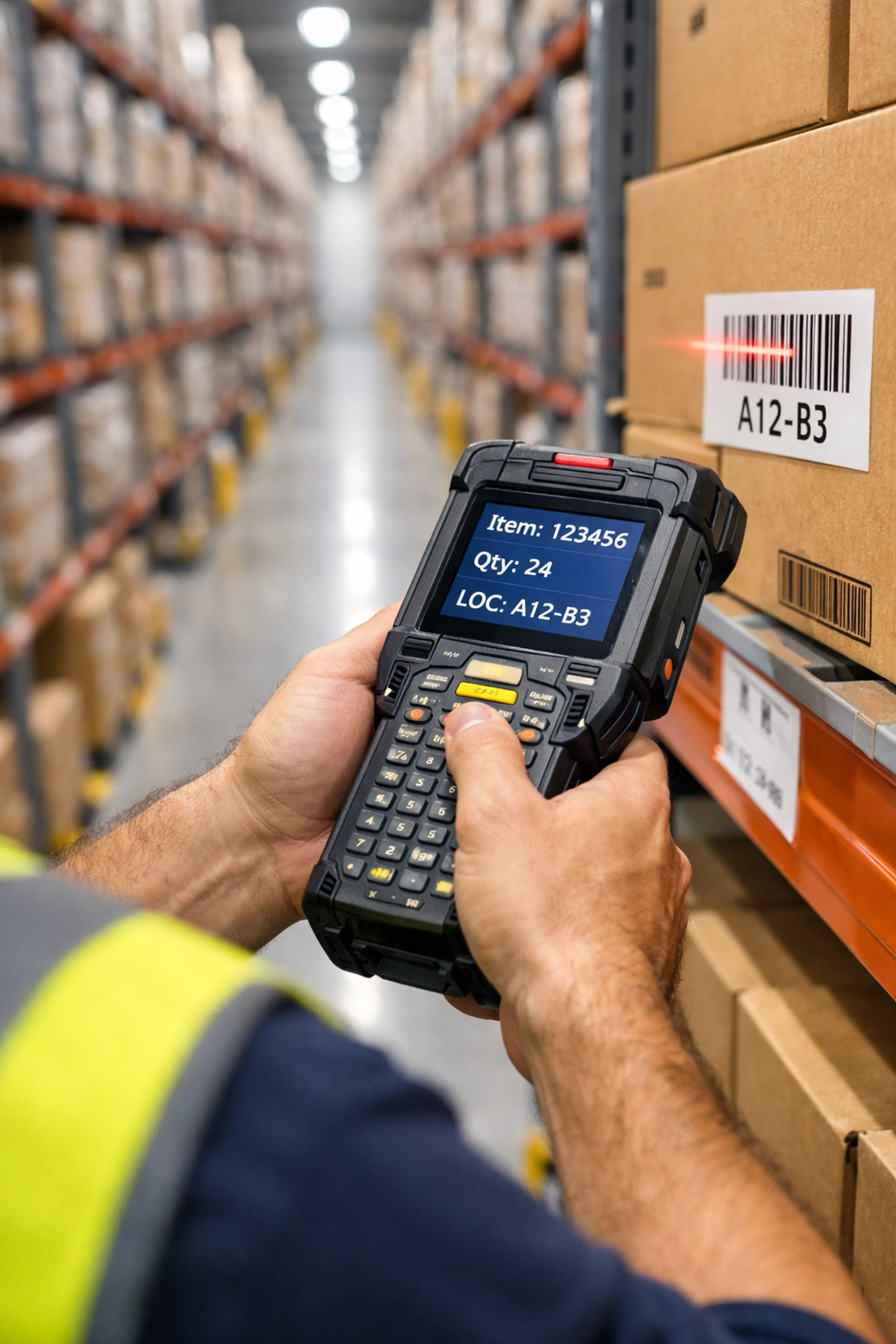 Logistics worker using a scanner for accurate SKU management and inventory tracking in a modern warehouse.
