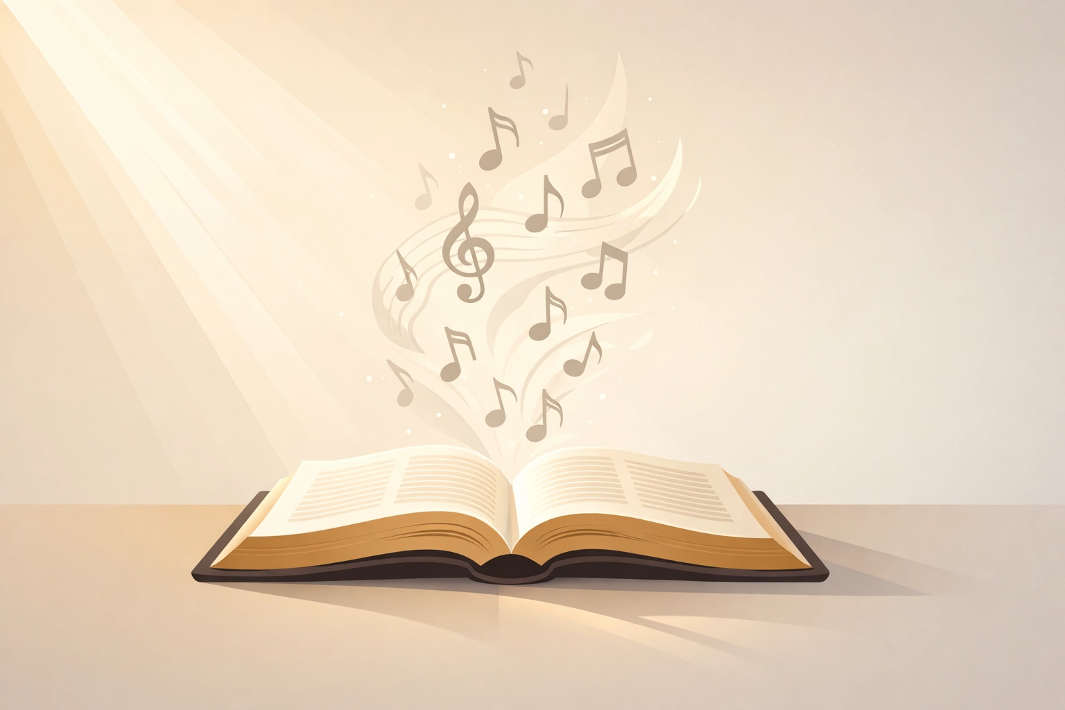 Minimalist full-bleed illustration of an open Bible with music notes rising from the pages, no text