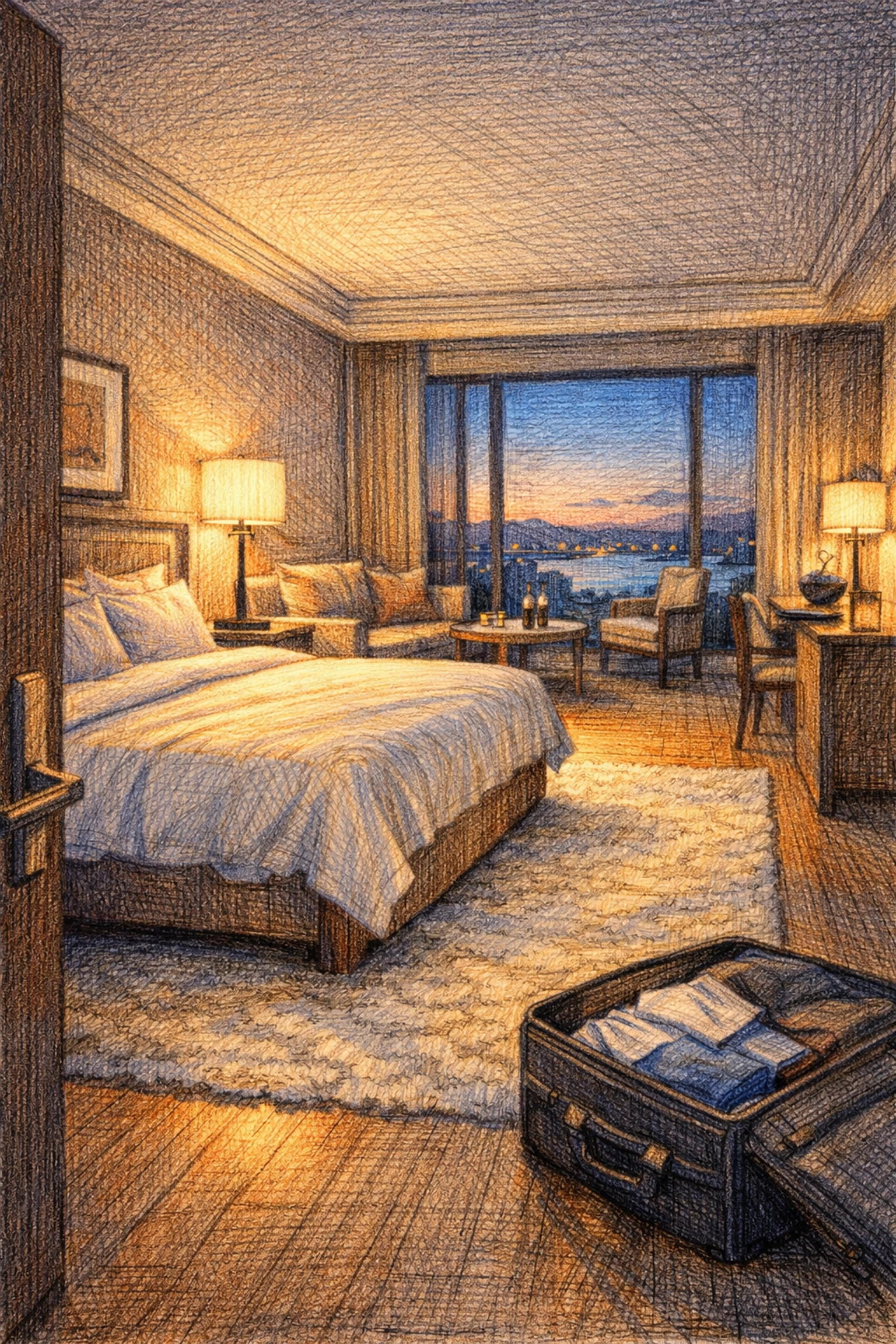 Modern luxury hotel suite with minimalist furniture and warm lighting, highlighting comfort-forward hospitality design.