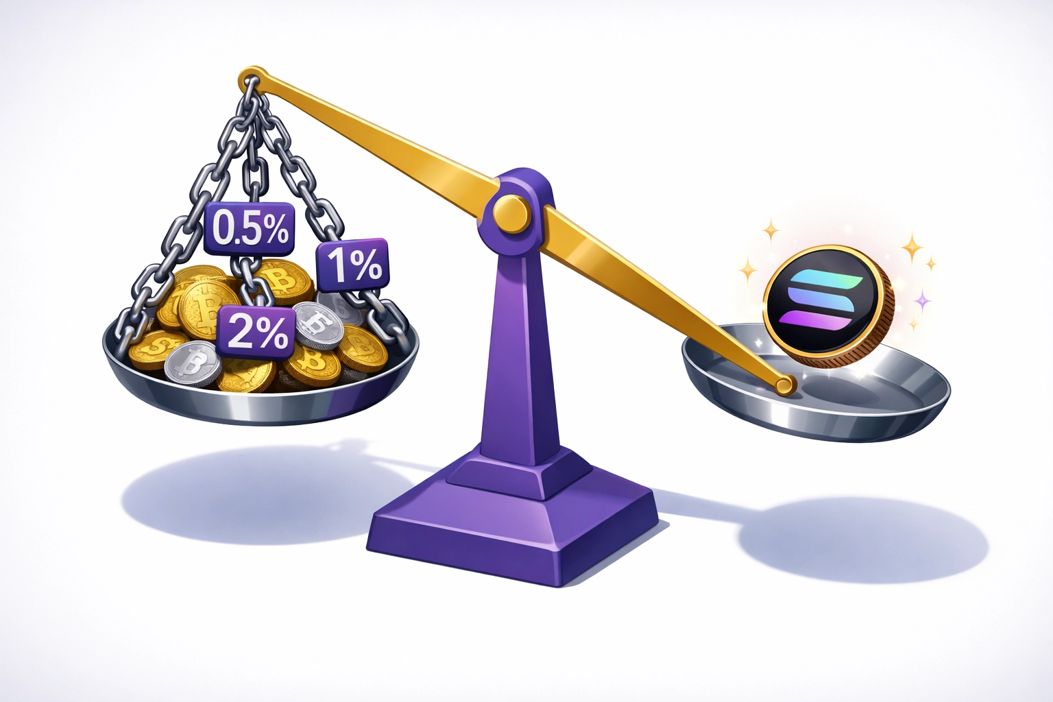 Balance scale comparing heavy percentage fees to lightweight Solana gas-only transaction costs