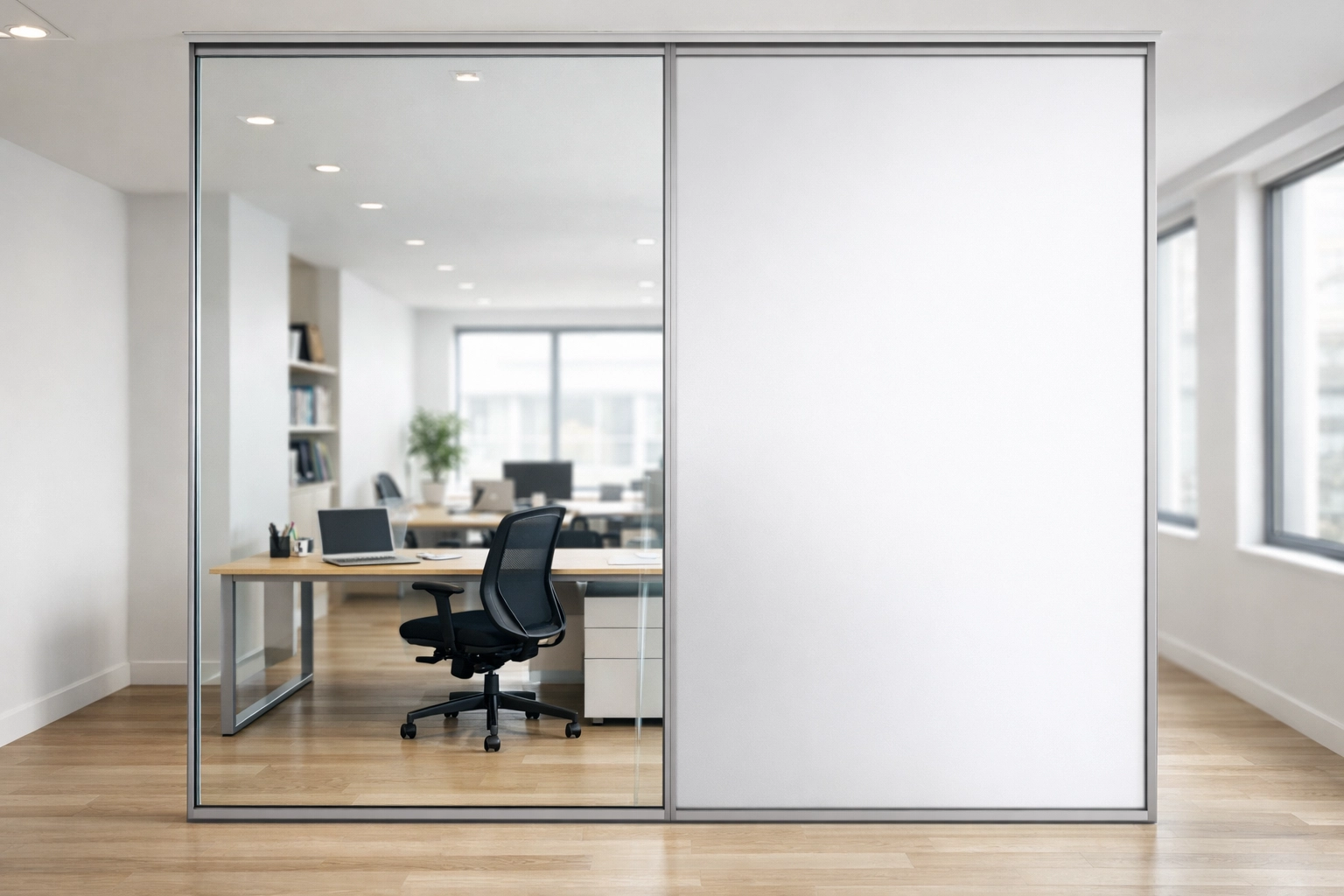 Switchable smart glass office partition showing clear and frosted privacy modes side by side