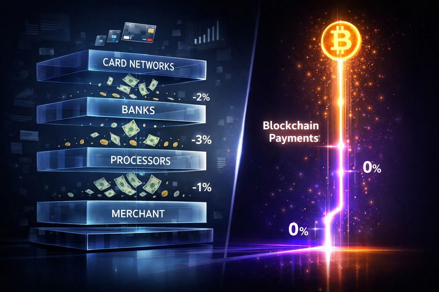 Traditional payment processing layers versus direct Web3 blockchain payment flow showing fee reduction