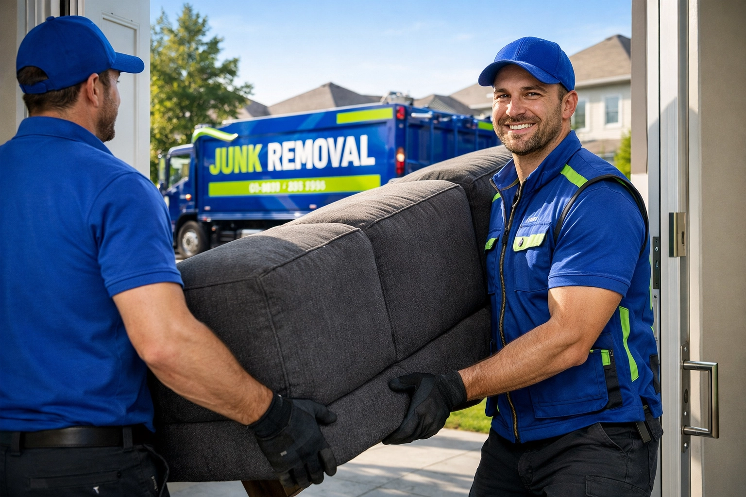 Professional furniture removal in Vaughan with Junk GTA crew safely moving a sofa for disposal.