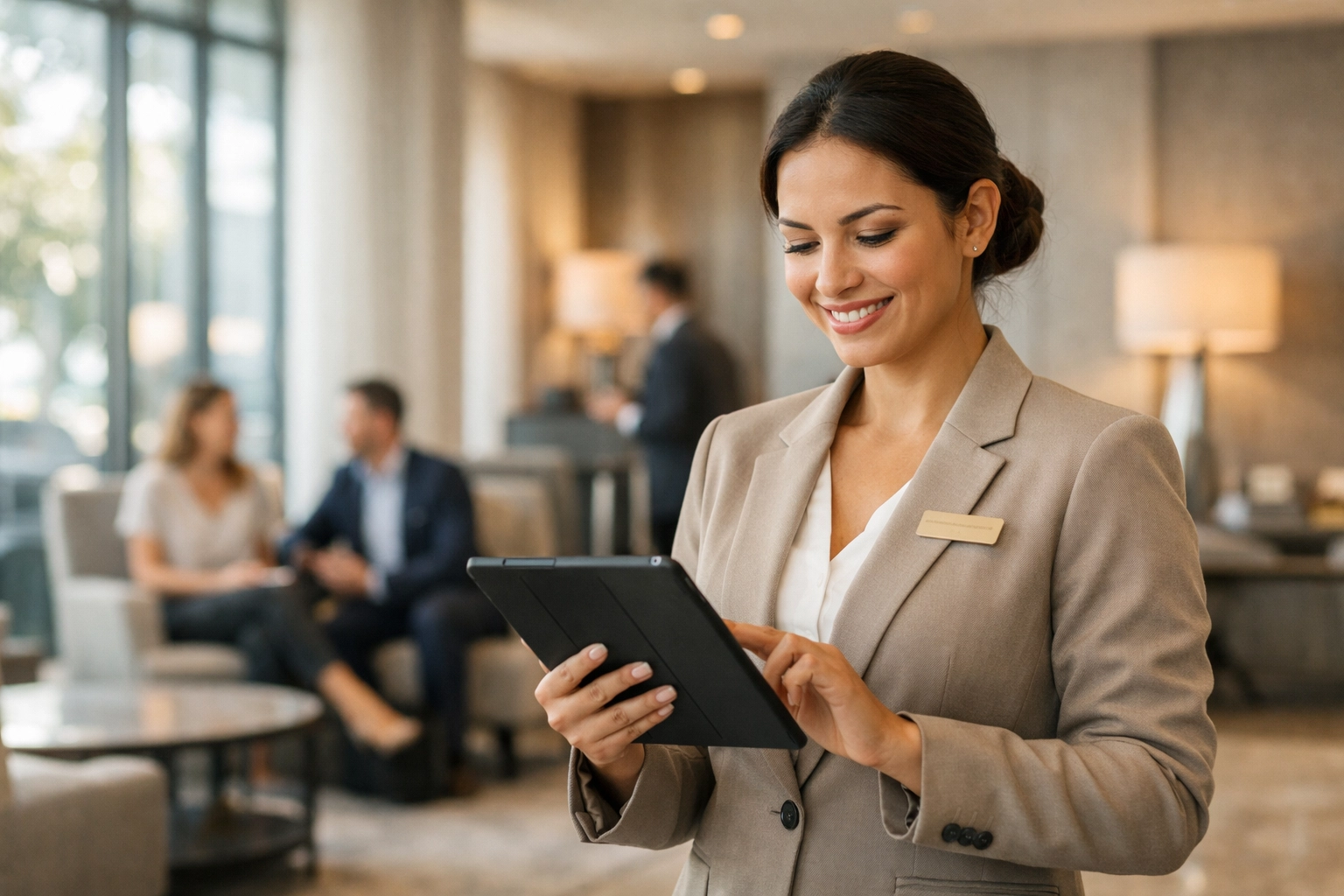 Hotel staff member using tablet to manage multi-property bookings in modern lobby