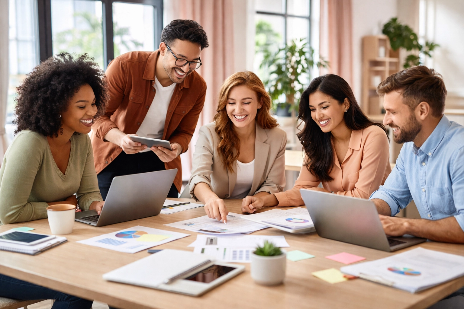 Diverse team collaborating at a bright conference table, illustrating teamwork and effective business operations.