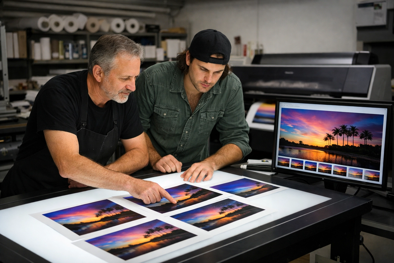 Artists reviewing archival prints and proofs in a Miami lab to learn how to sell fine art photography prints.