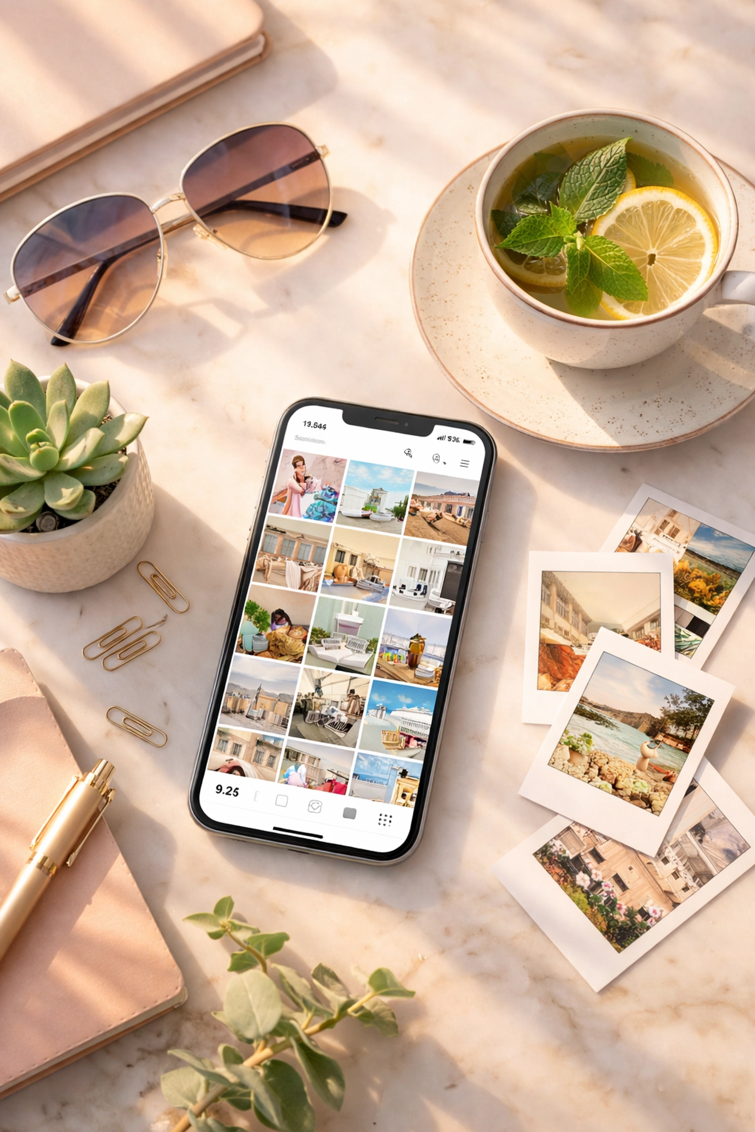 Bureau créatif avec un smartphone affichant Instagram, accessoires tunisiens et ambiance inspirante pour la création de contenu visuel