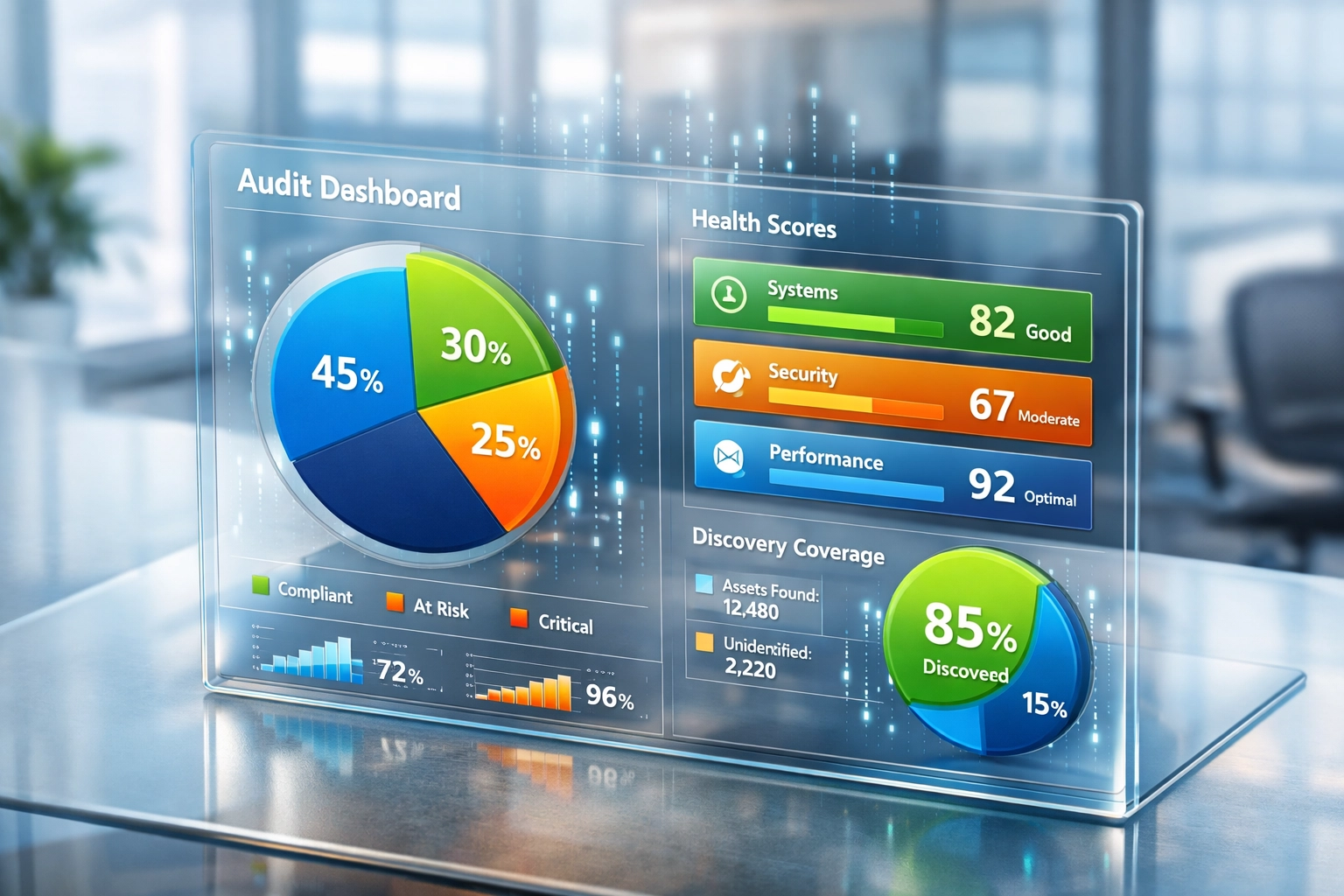 ServiceNow license audit dashboard displaying ROI metrics and infrastructure health scores