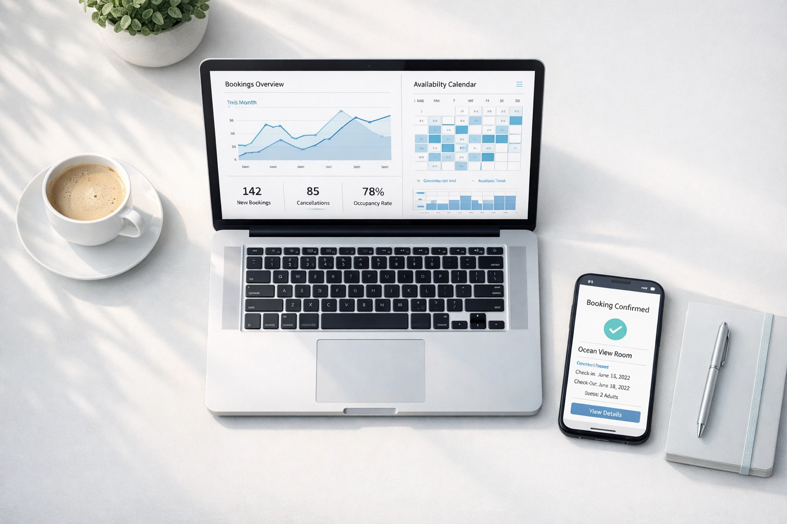 Hotel PMS dashboard displaying real-time booking analytics and revenue data on laptop screen
