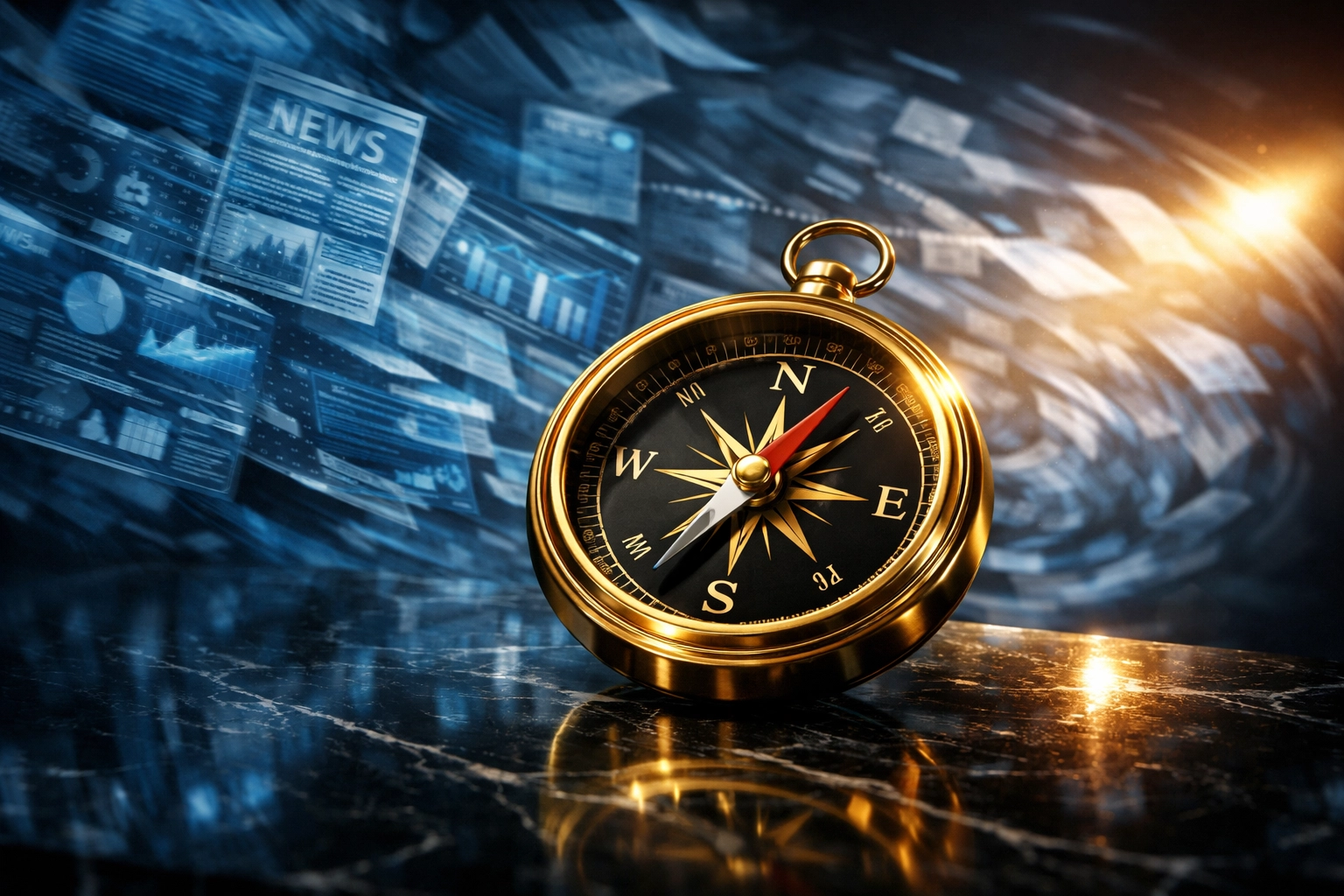 A golden compass providing direction and clarity amidst a whirlwind of digital news and data.