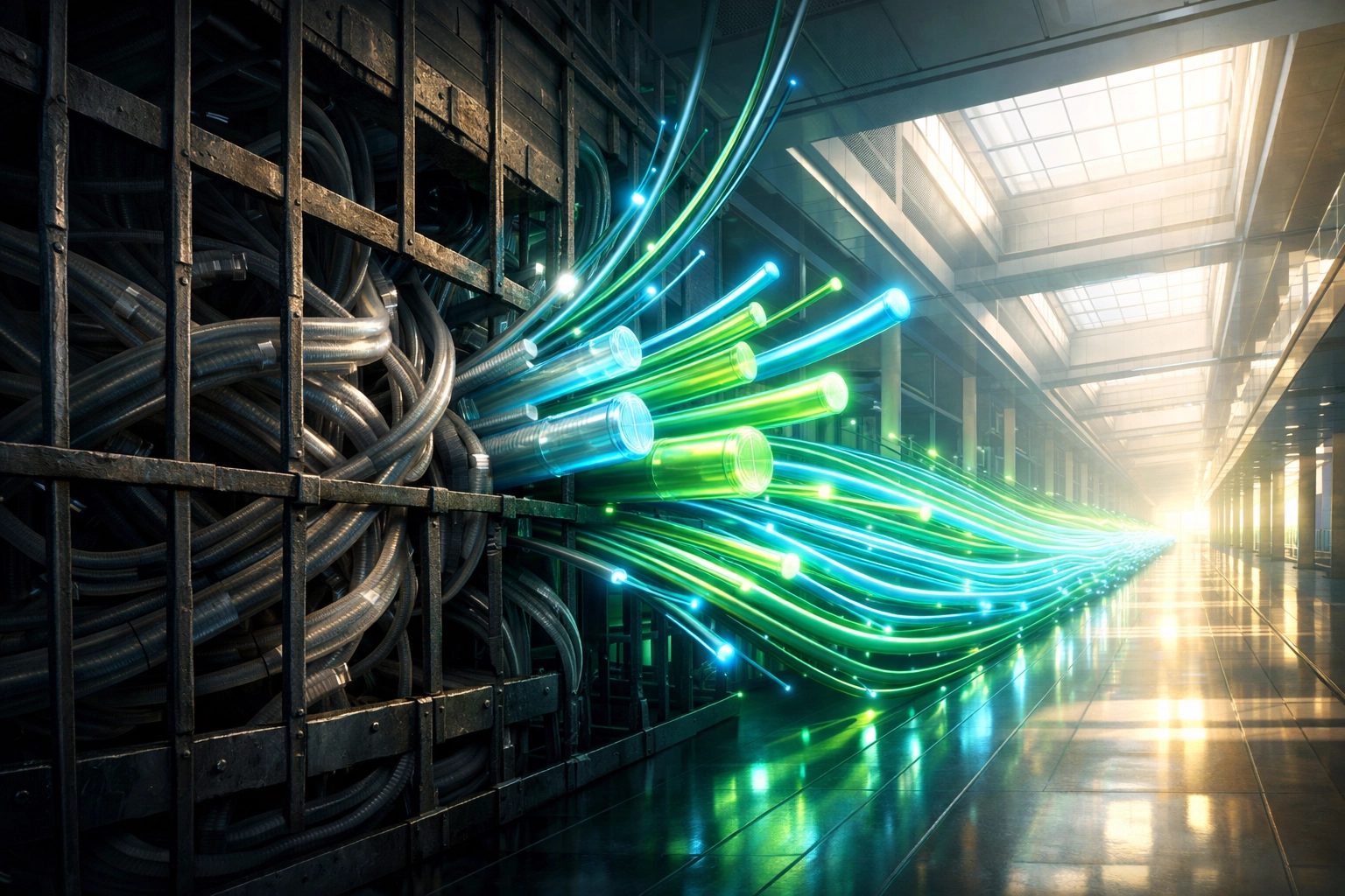 Visualizing business process automation scaling with n8n from restricted legacy systems to open growth.