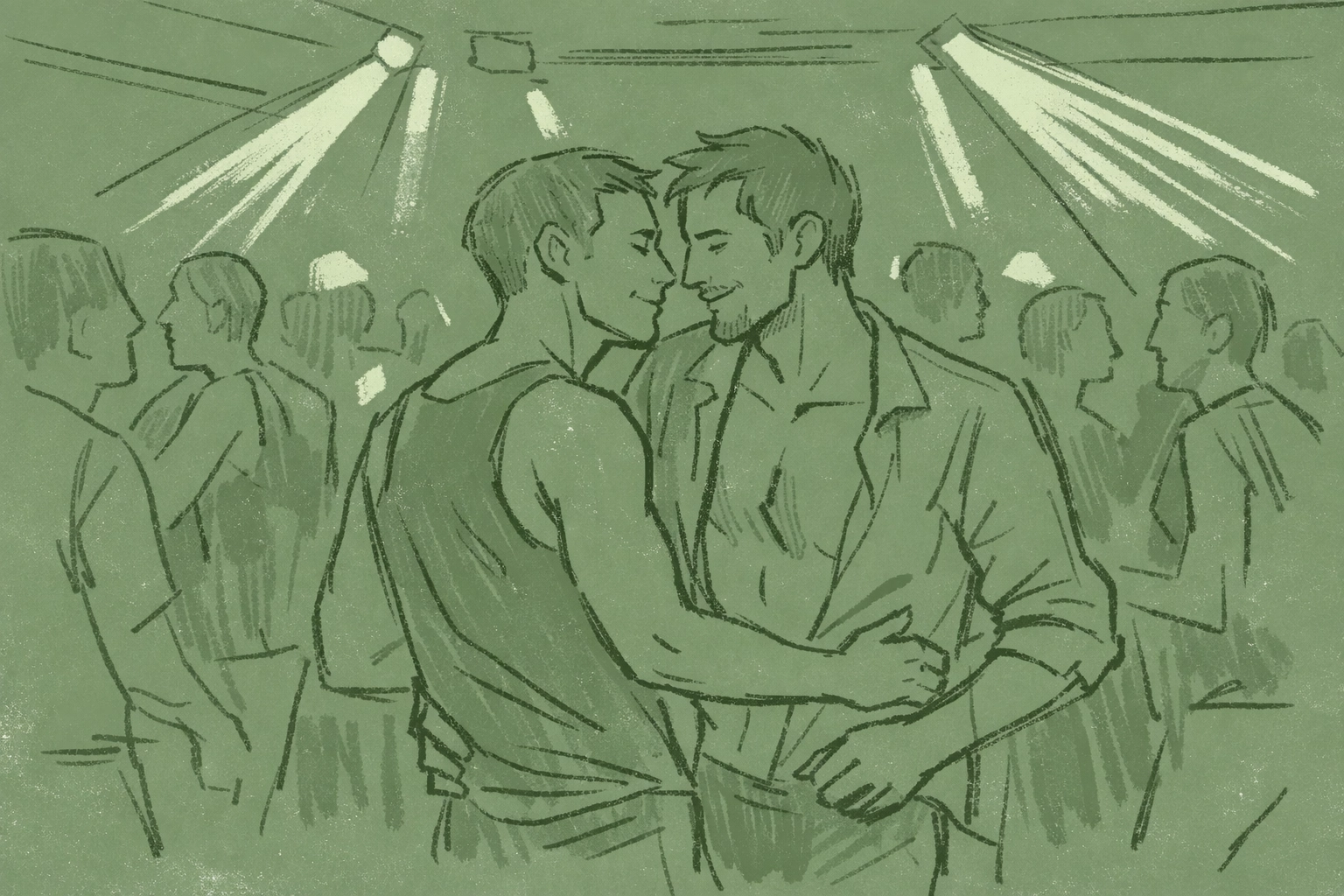 Men dancing together at Connection Berlin techno club with colorful lights