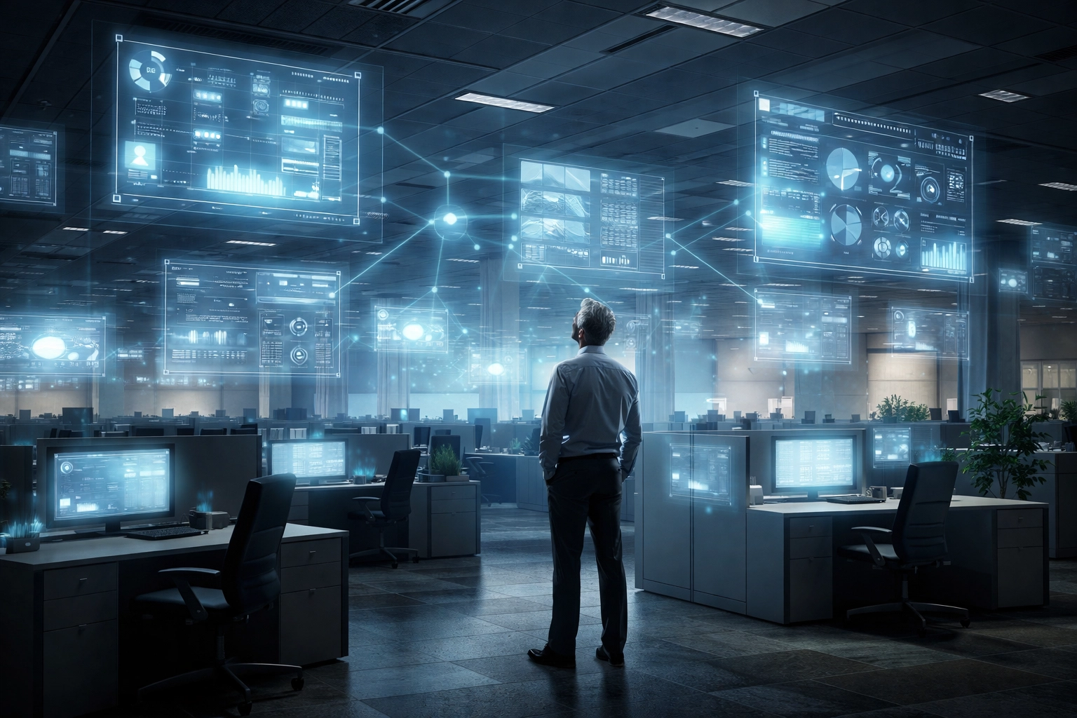 Modern office space with empty desks and AI holograms, reflecting automation replacing middle management roles