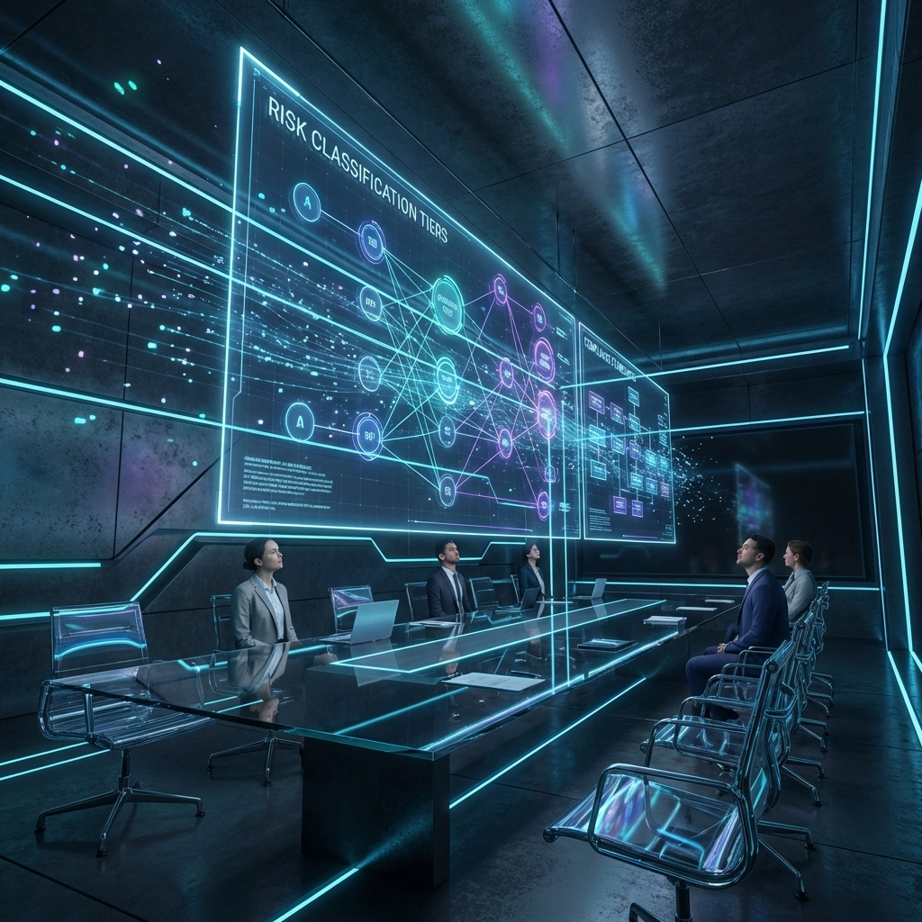 Futuristischer Konferenzraum mit digitalen KI-Compliance-Diagrammen und Risikoklassifizierung für Unternehmen 2026