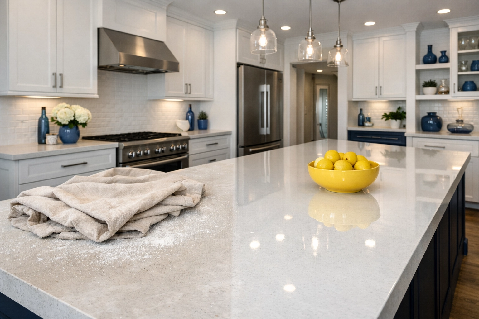 Professional post construction cleaning in a modern Littleton kitchen showing dust removal on a white quartz island.