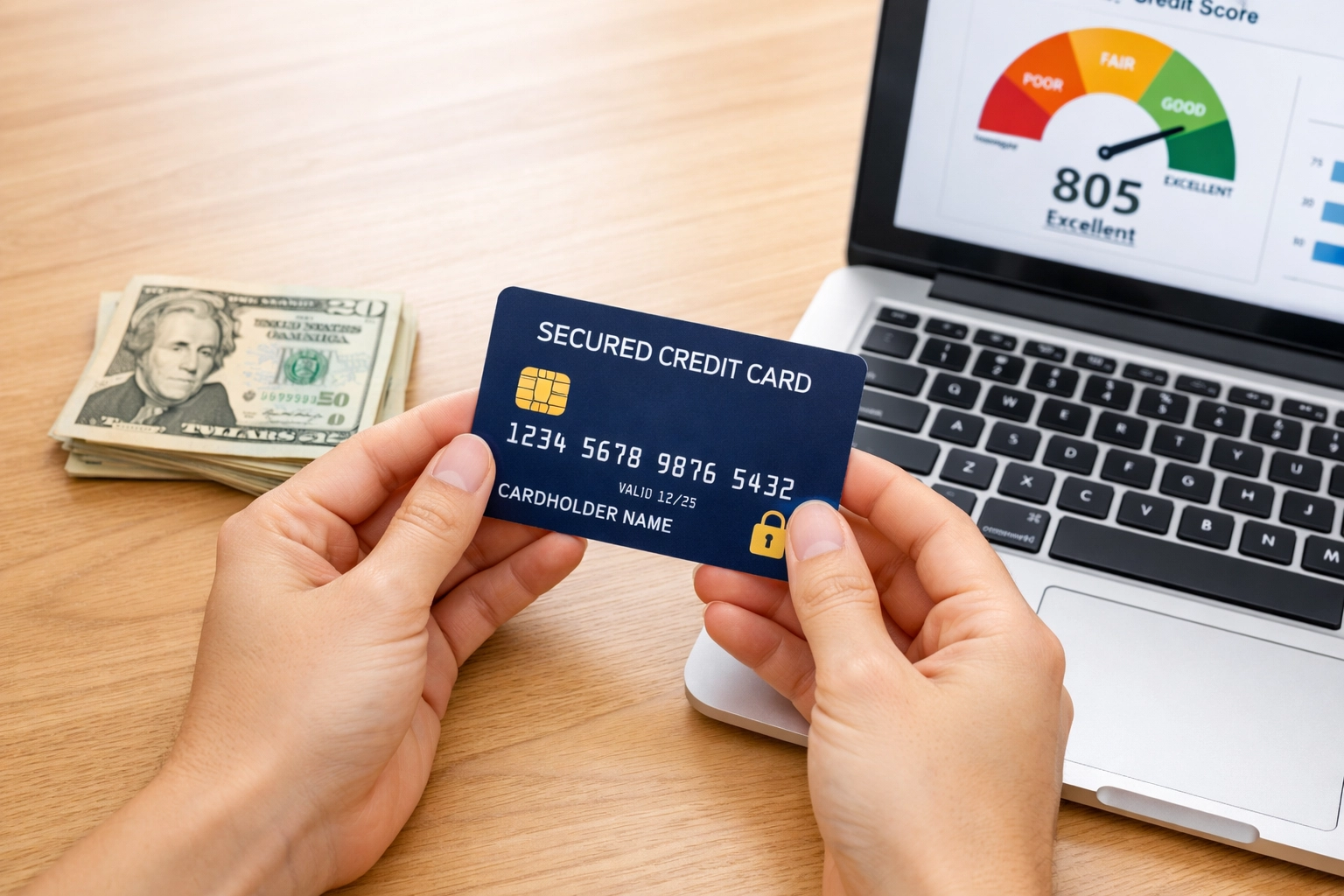 Young adult holding secured credit card with cash deposit to start building credit from scratch