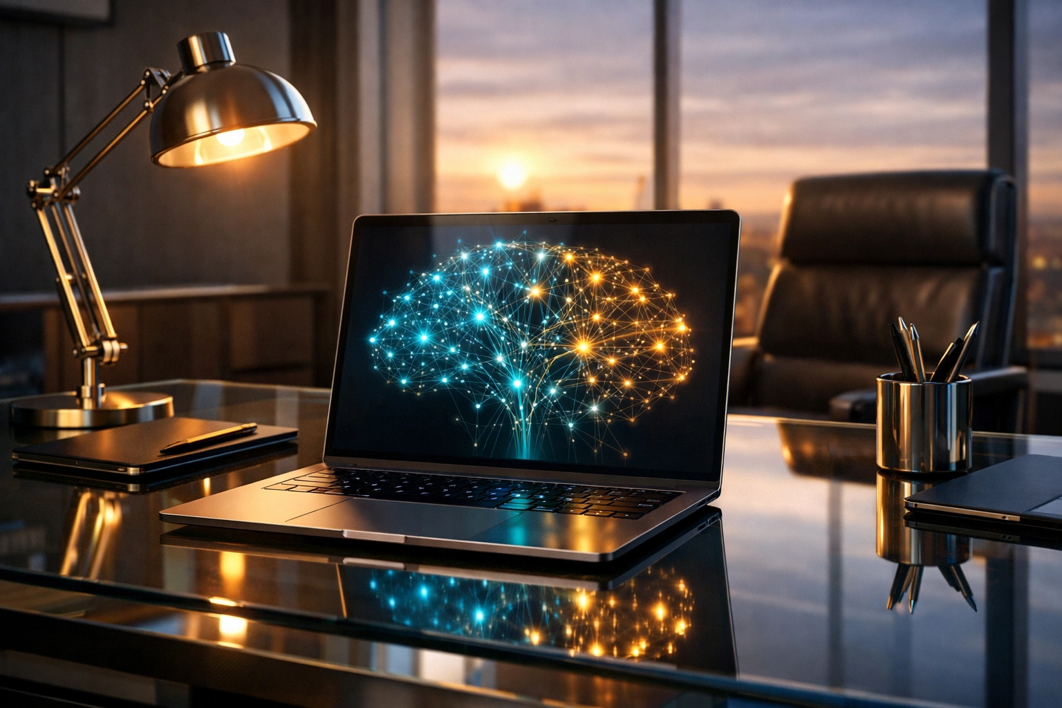 Sleek laptop on an office desk displaying a neural network for advanced AI lead generation strategies.