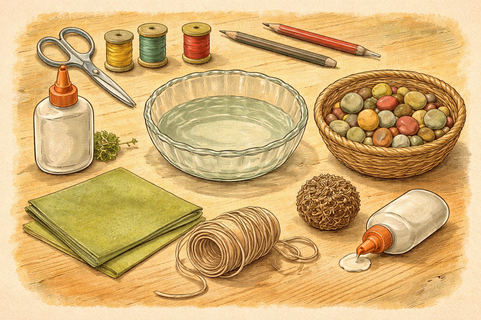 Overhead view of supplies for a dinosaur fern garden, including a glass dish, pebbles, and a dried resurrection plant.