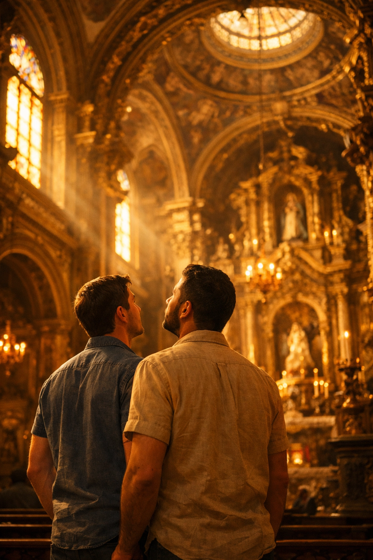 Gay couple finds peace and acceptance together inside an ornate Mexican basilica