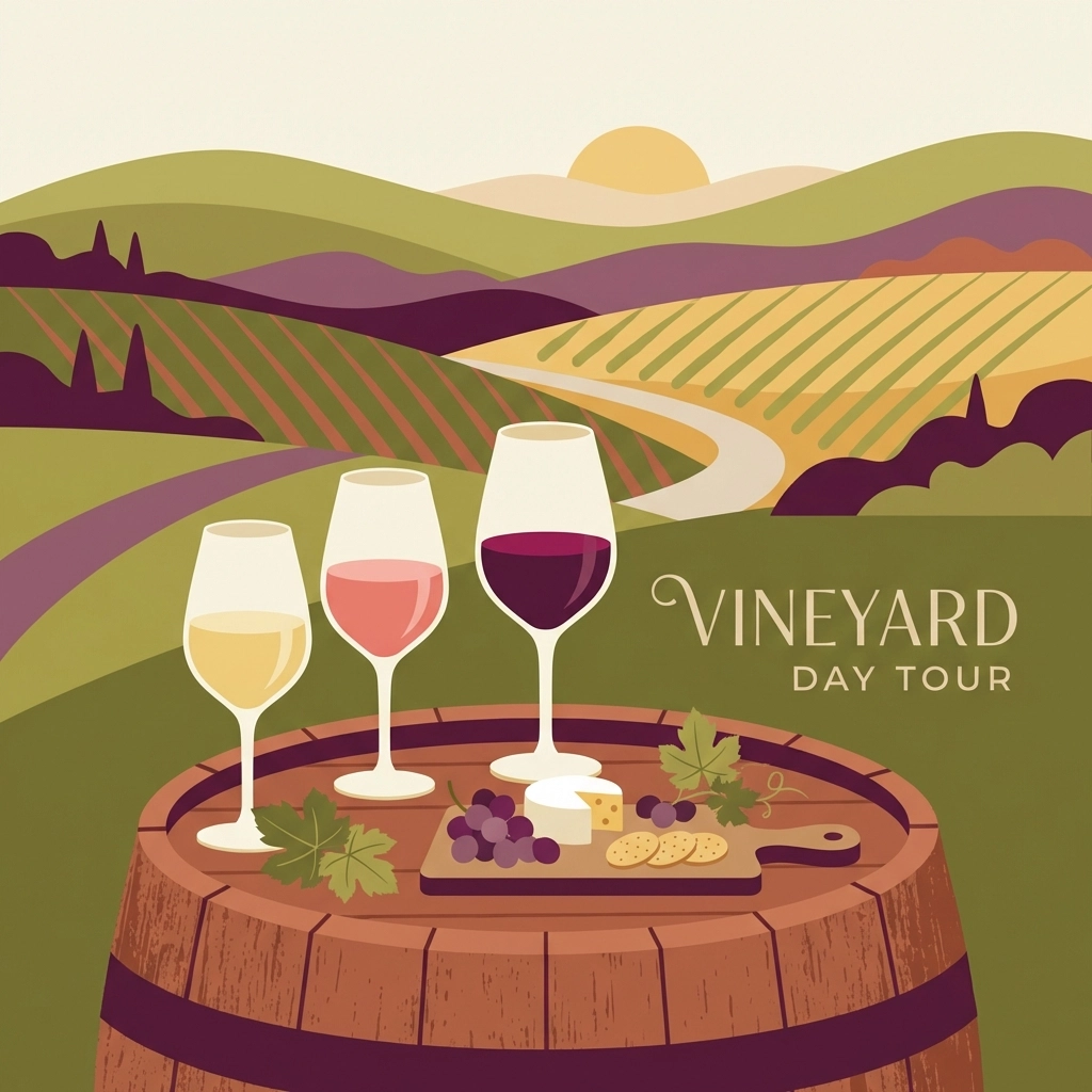 Curated Virginia wine tasting setup with glasses on a barrel and panoramic vineyard views, ideal for special celebrations.