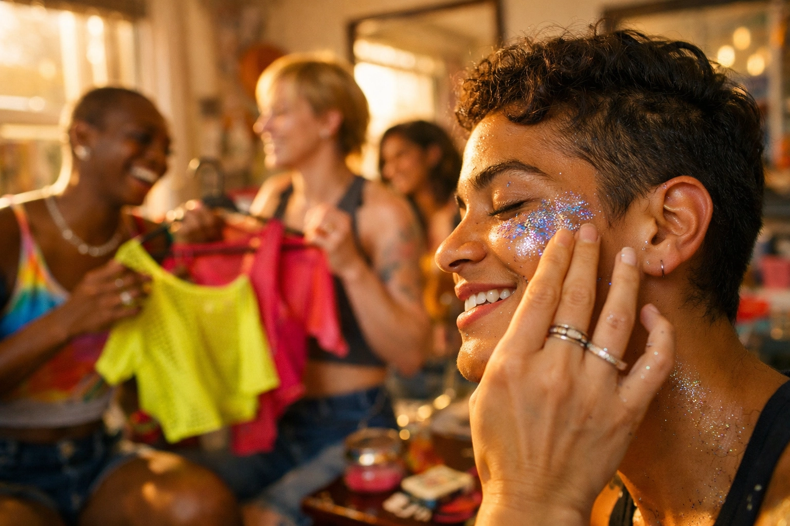 Queer friends applying glitter makeup and choosing neon party outfits together for Pride celebration