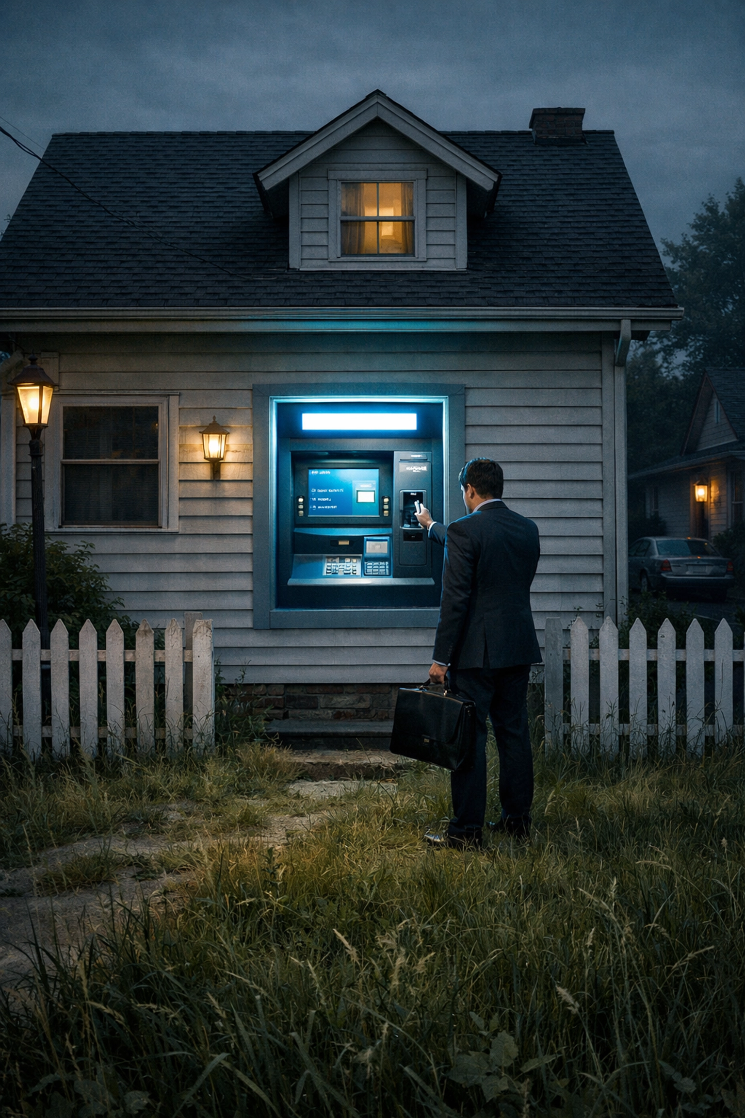 A suburban house with an ATM front door being accessed by a corporate executive using a keycard.