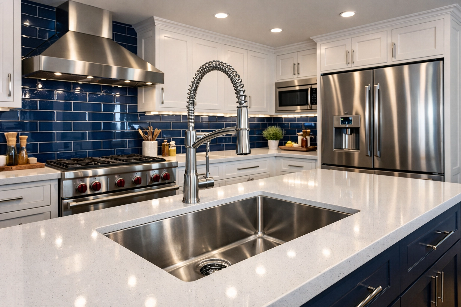 Professional deep cleaning of a luxury kitchen with a streak-free stainless steel sink and counters.