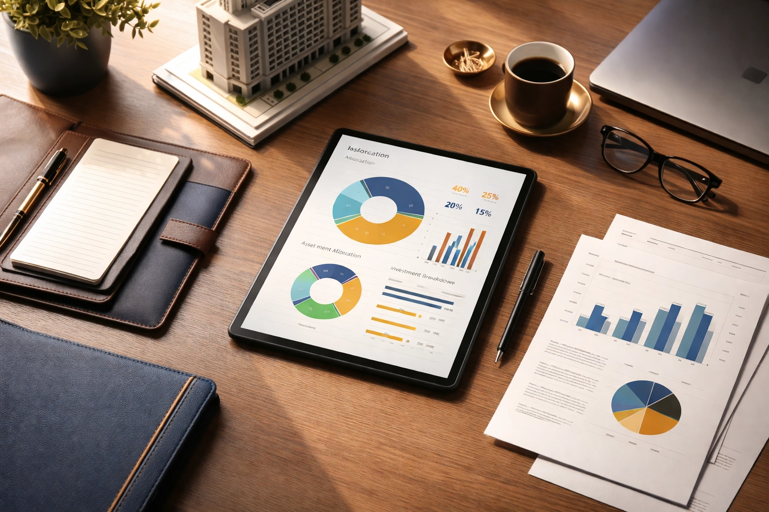 Executive desk with financial charts and assets, showing strategic portfolio diversification planning