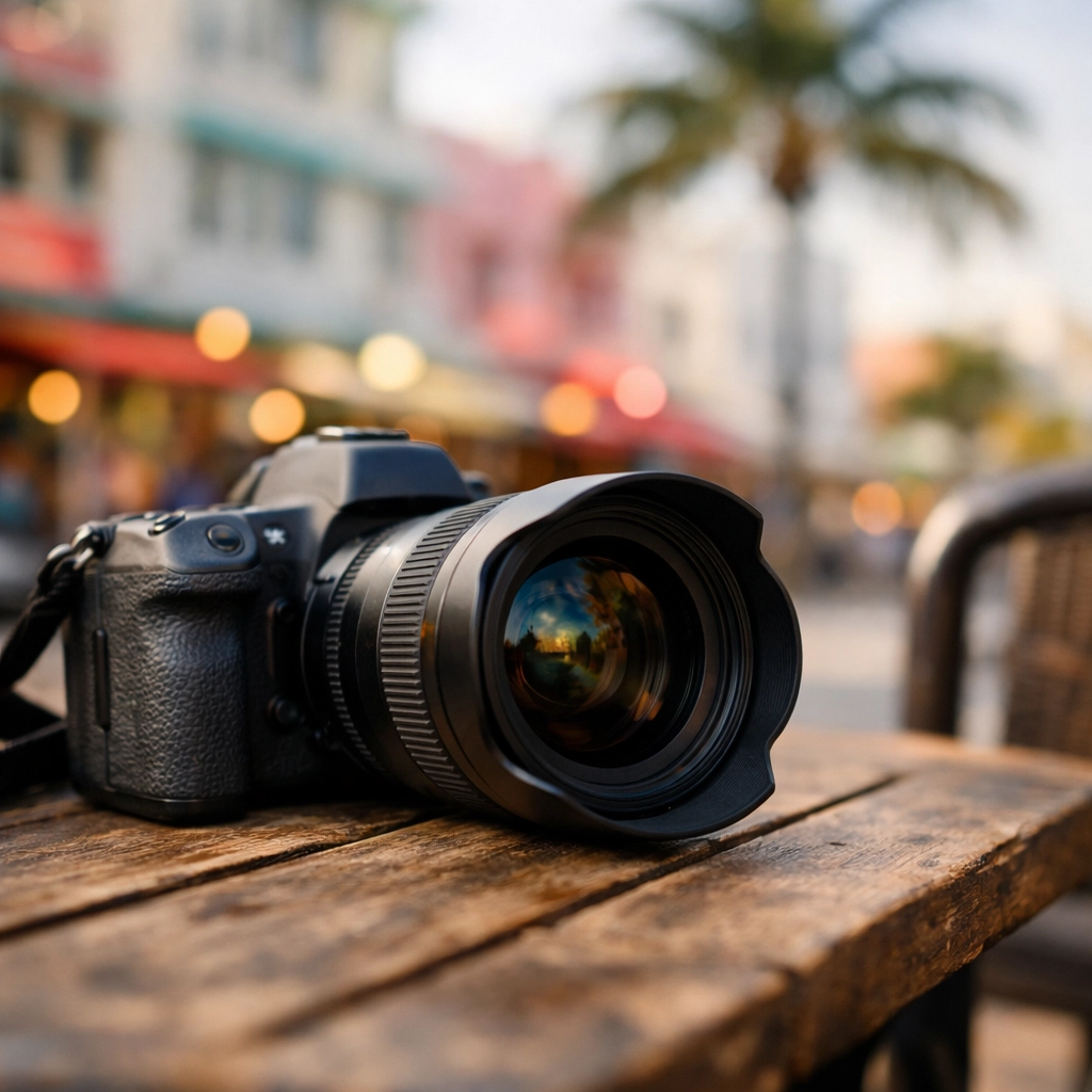 Camera with a wide-angle lens at a Miami cafe, capturing the essence of a fine art photography trip.