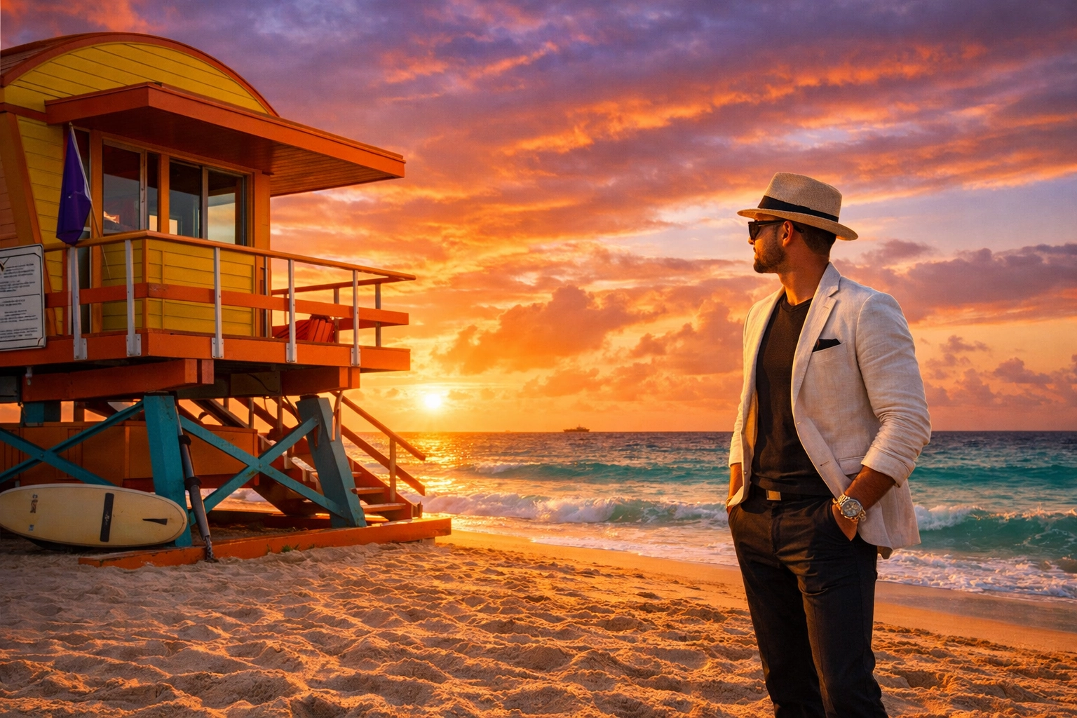 Brand photography session at Miami Beach during magic hour showcasing an entrepreneur at a colorful lifeguard stand.