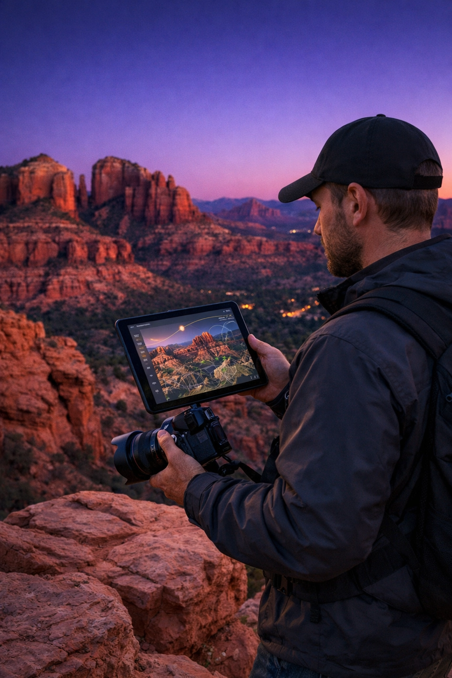 Photographer scouting red rock photography locations in Sedona using a digital map at blue hour.