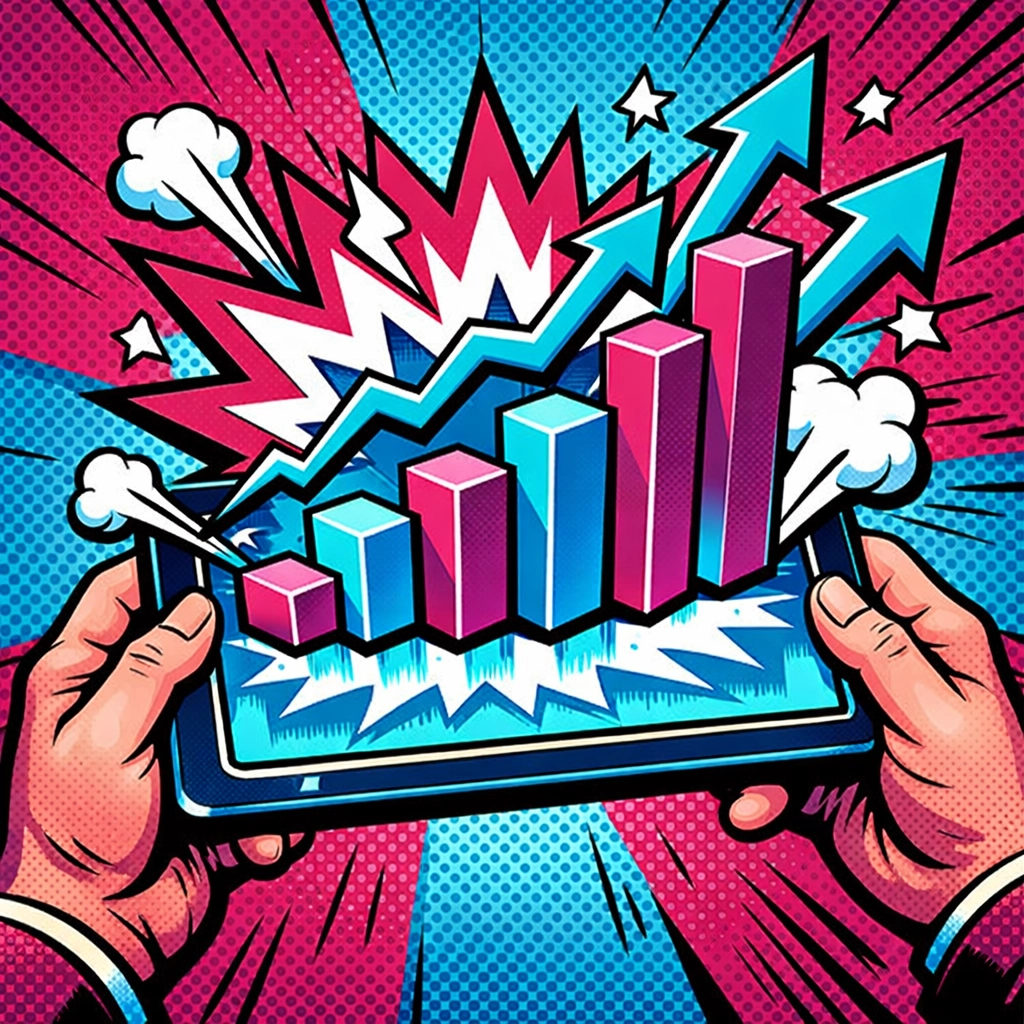 Digital tablet showing rising trends and automated data reports through AI business automation.