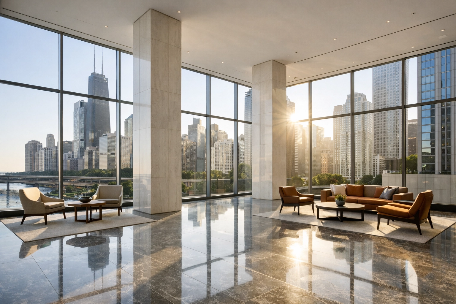 Polished marble floors in a sunlit Chicago high-rise lobby maintained by recurring janitorial services.