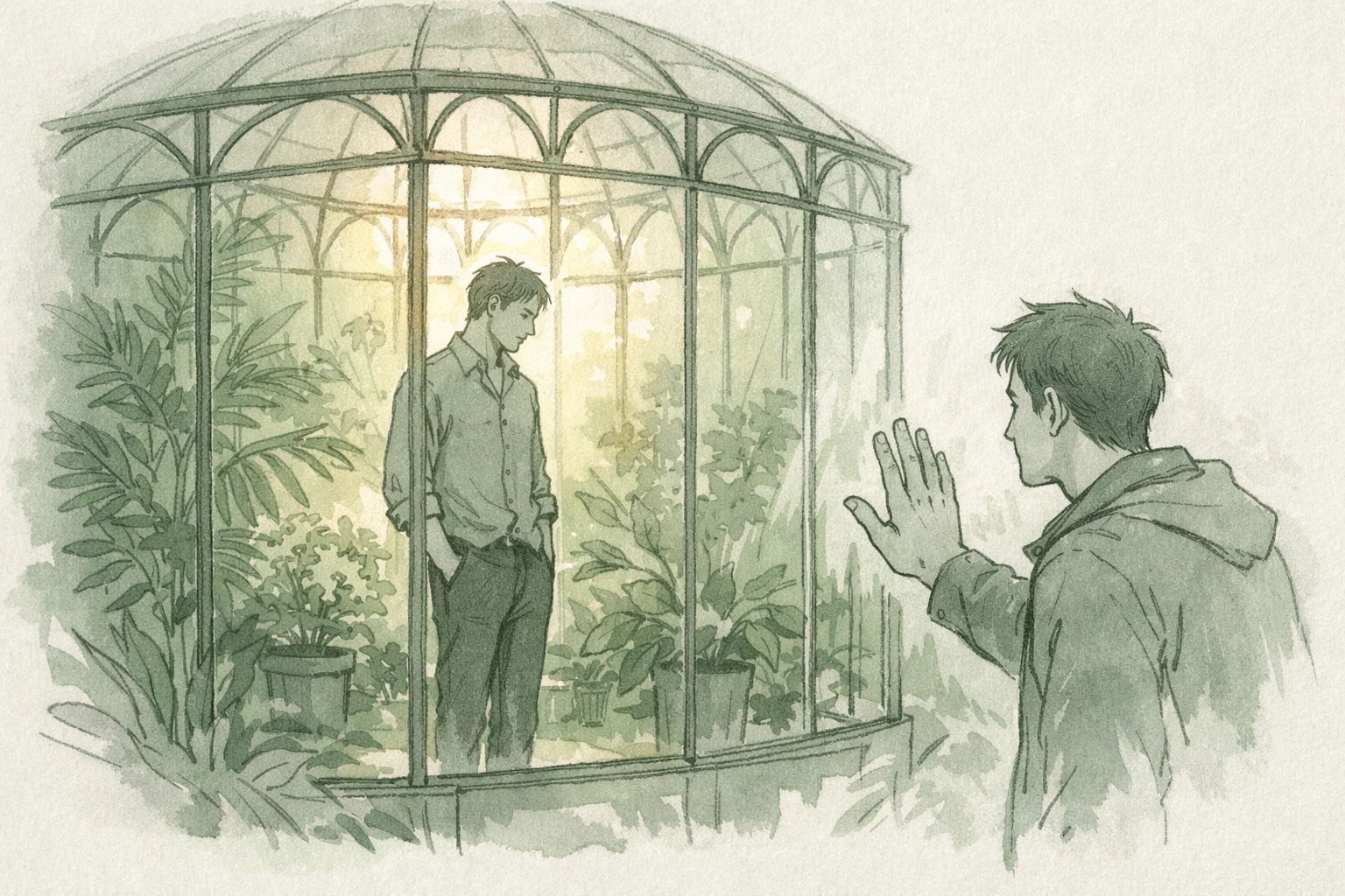 Gay man isolated in emotional sanctuary while another reaches out, illustrating self-imposed barriers