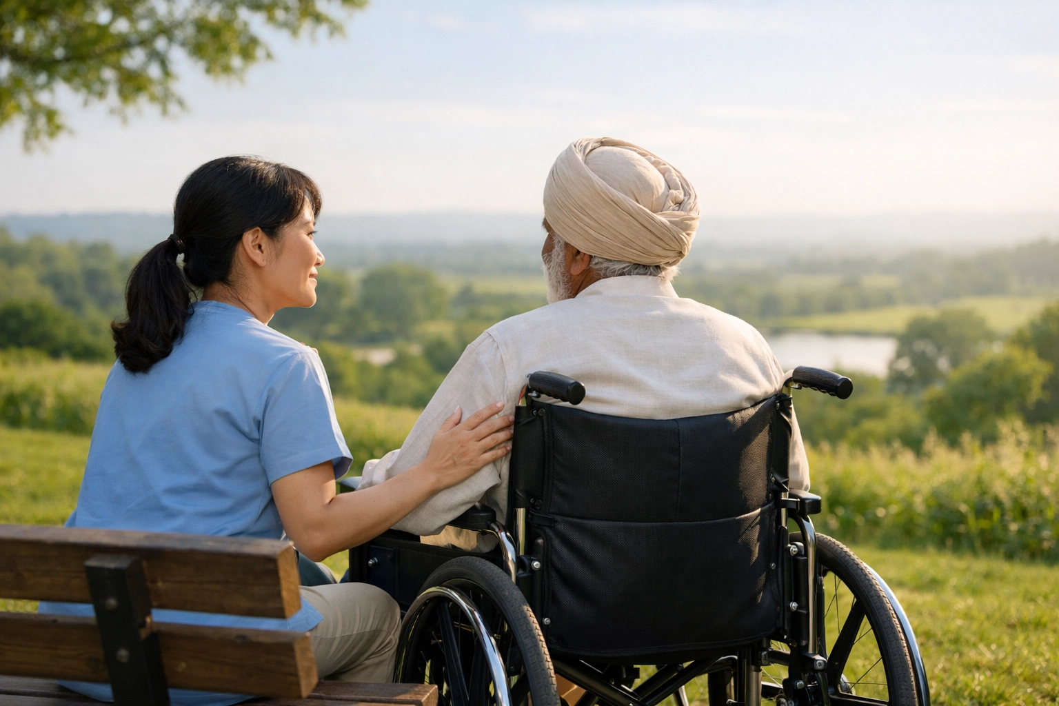Caregiver comforts man in wheelchair outdoors, sharing prayerful peace in hard seasons