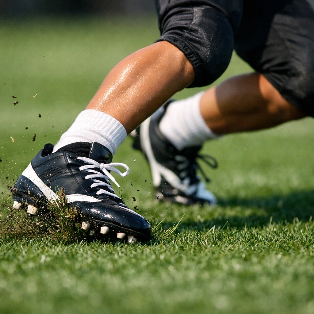 Running back footwork demonstrating precise cutting technique and balance